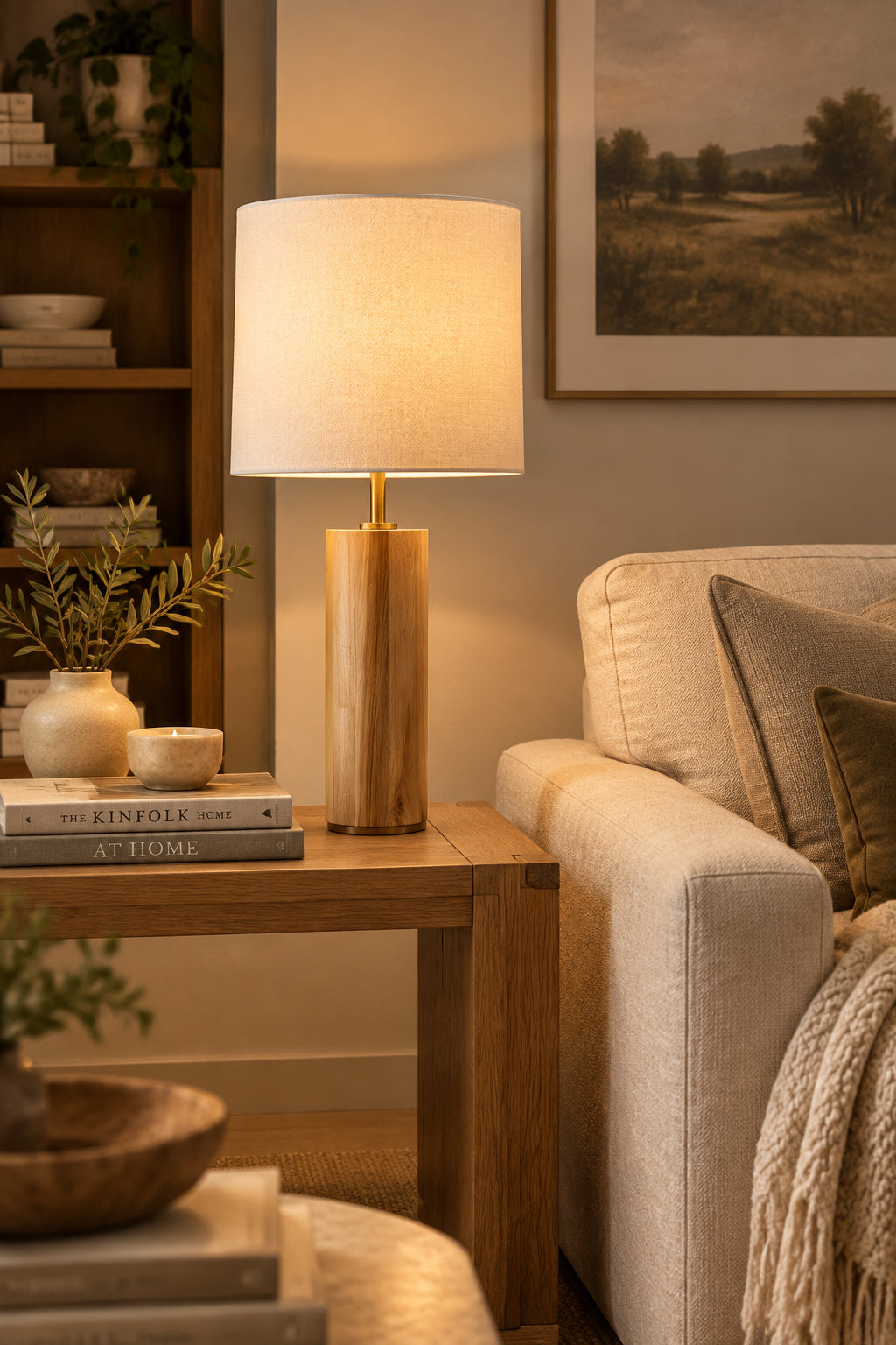 Dean Table Lamp - Oak Wood Antique Brass 30.5"-Lighting-DECOROLALA