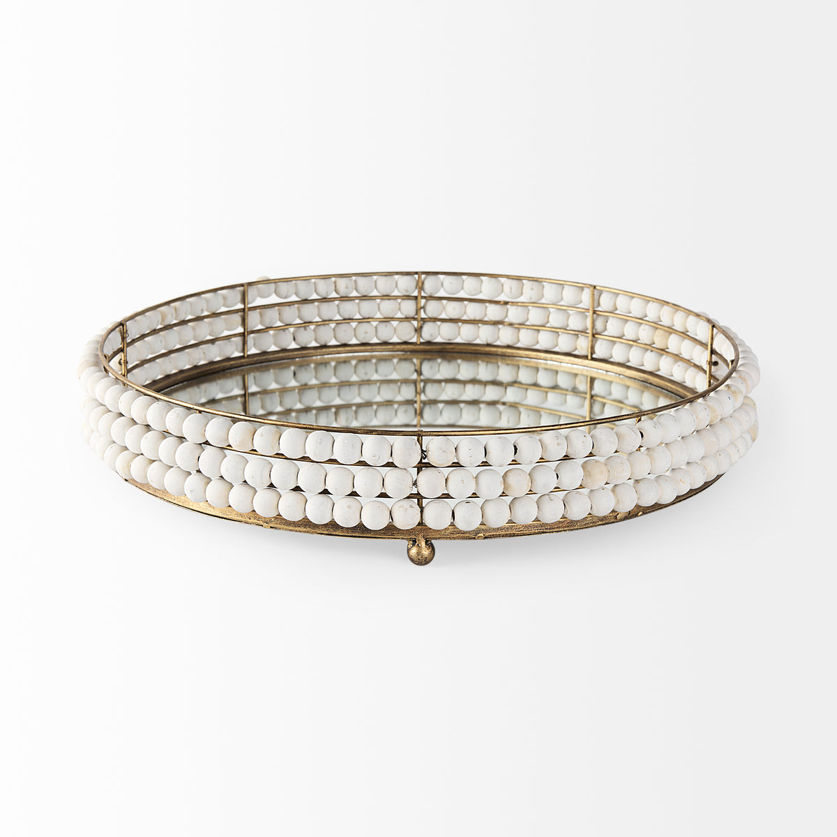 Decatur I 21L x 21W Wooden Bead Mirrored Bottom Round Tray-Trays-DECOROLALA