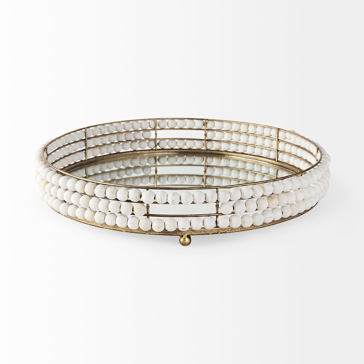 Decatur I 21L x 21W Wooden Bead Mirrored Bottom Round Tray-Trays-DECOROLALA