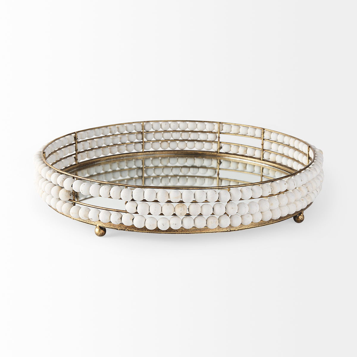 Decatur I 21L x 21W Wooden Bead Mirrored Bottom Round Tray-Trays-DECOROLALA