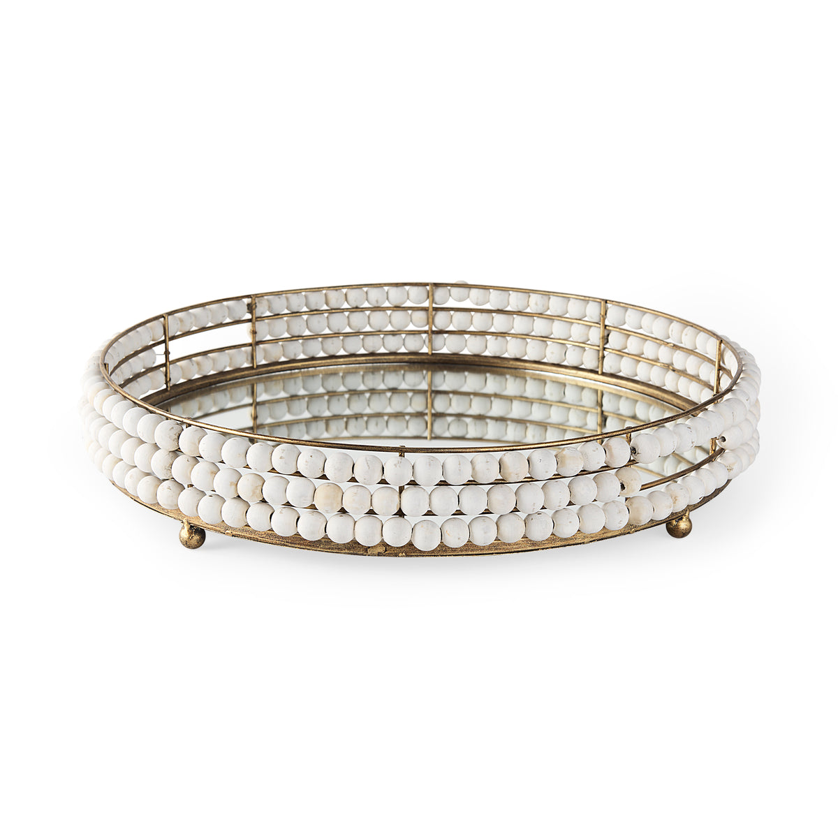 Decatur I 21L x 21W Wooden Bead Mirrored Bottom Round Tray-Trays-DECOROLALA
