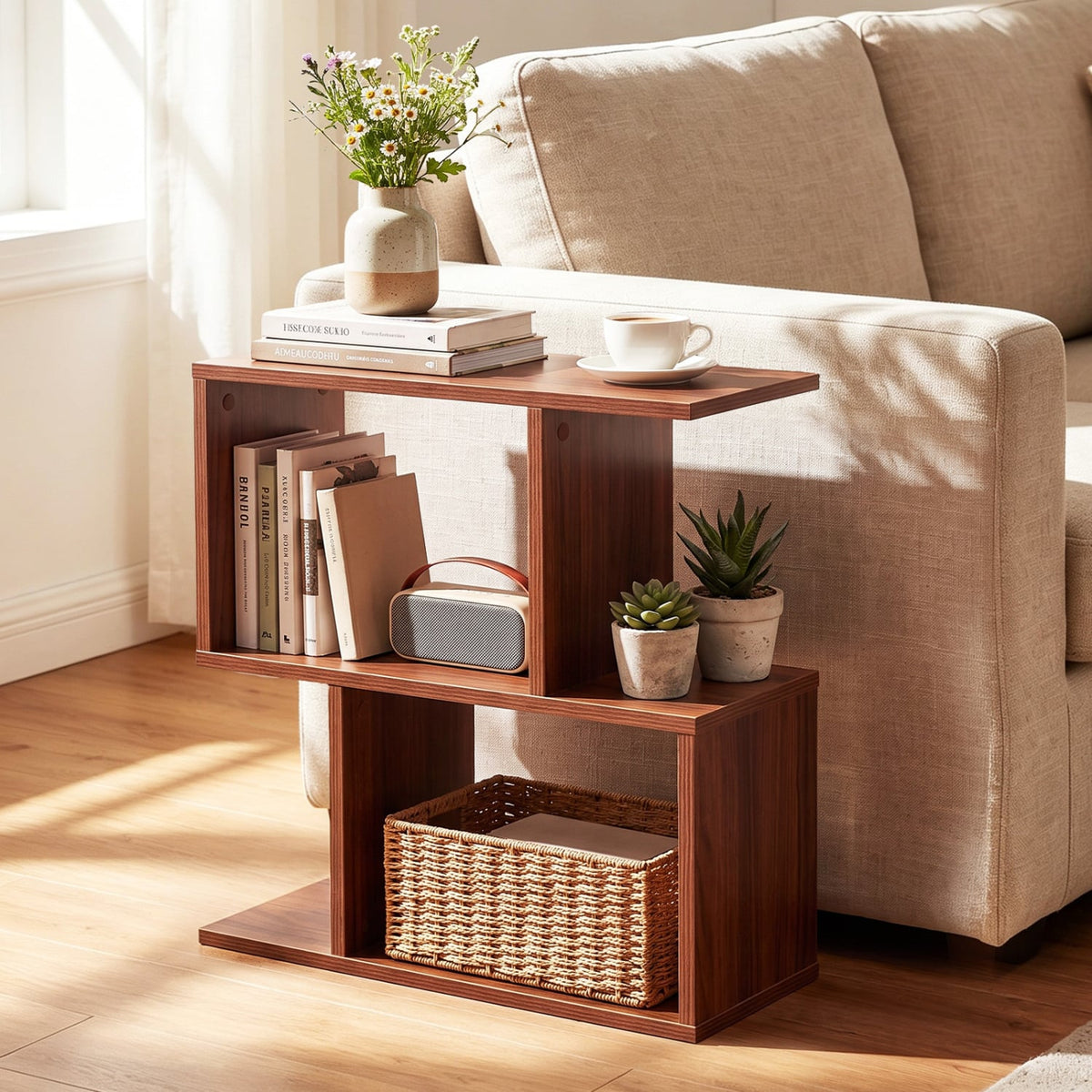 Decorative Storage Shelf Featuring Open Layout and Non-Slip Foot Pads Room Separator-Walnut-Bookcases-DECOROLALA
