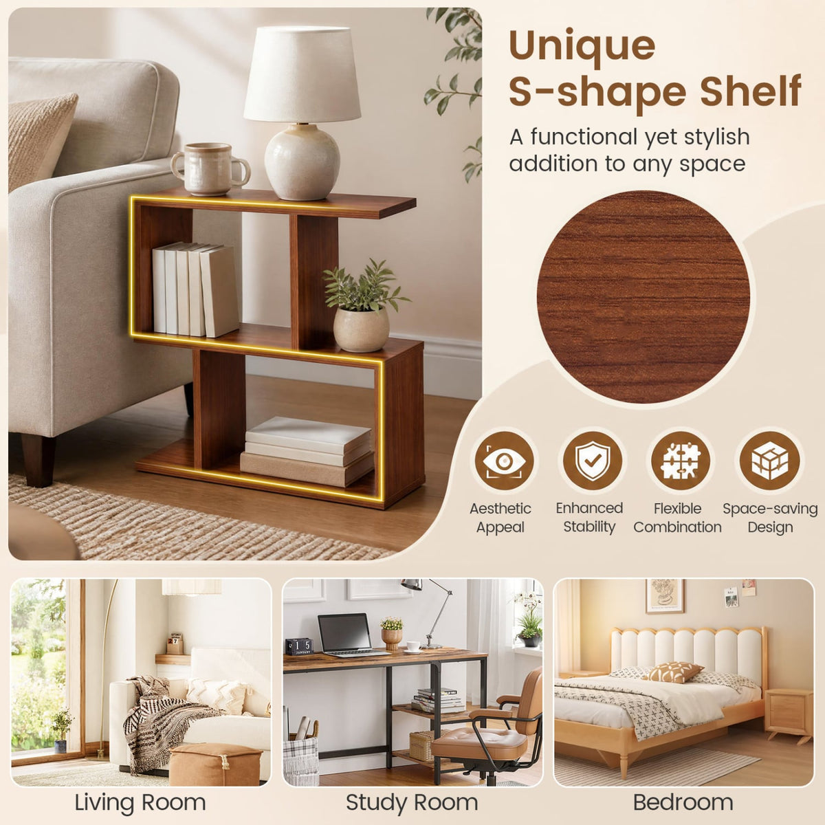 Decorative Storage Shelf Featuring Open Layout and Non-Slip Foot Pads Room Separator-Walnut-Bookcases-DECOROLALA