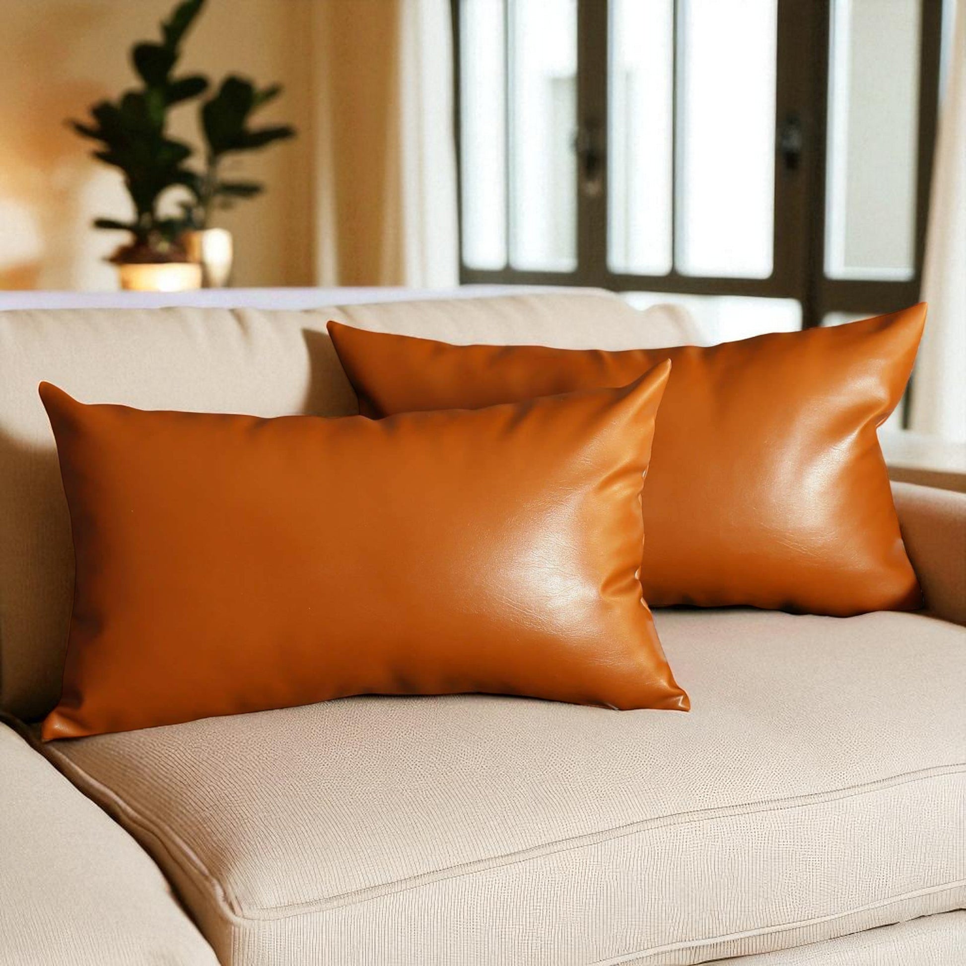 Decorative Vegan Faux Leather Throw Pillow Set of 2-Accent Throw Pillows-DECOROLALA