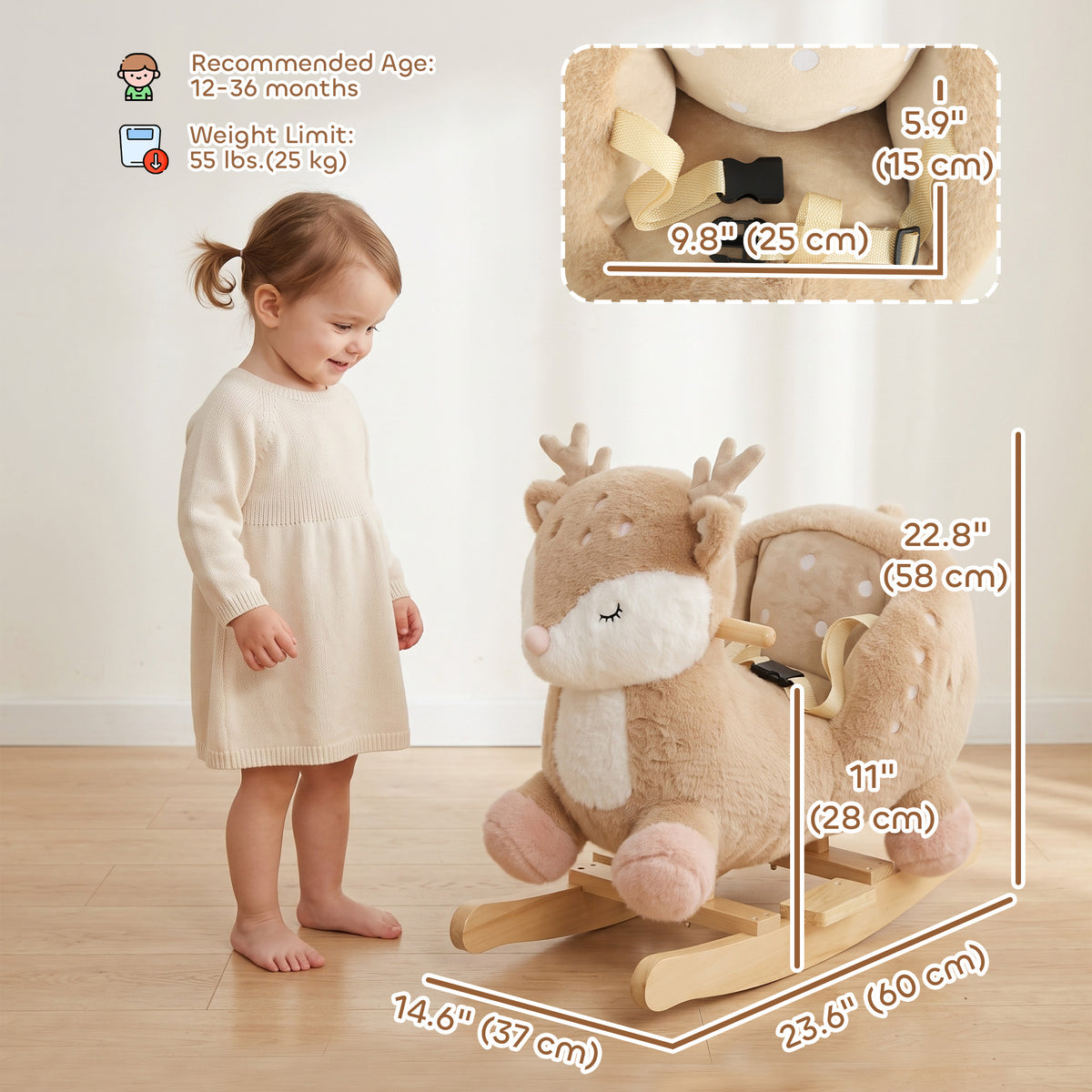 Rocking Horse for Toddlers 1-3 Years, Deer Baby Rocking Horse with Animal Sound, Seat Belt, Rocking Stopper, Brown-Toys & Games > Baby & Toddler Toys > Riding & Rocking Toys > Rocking Horses-DECOROLALA