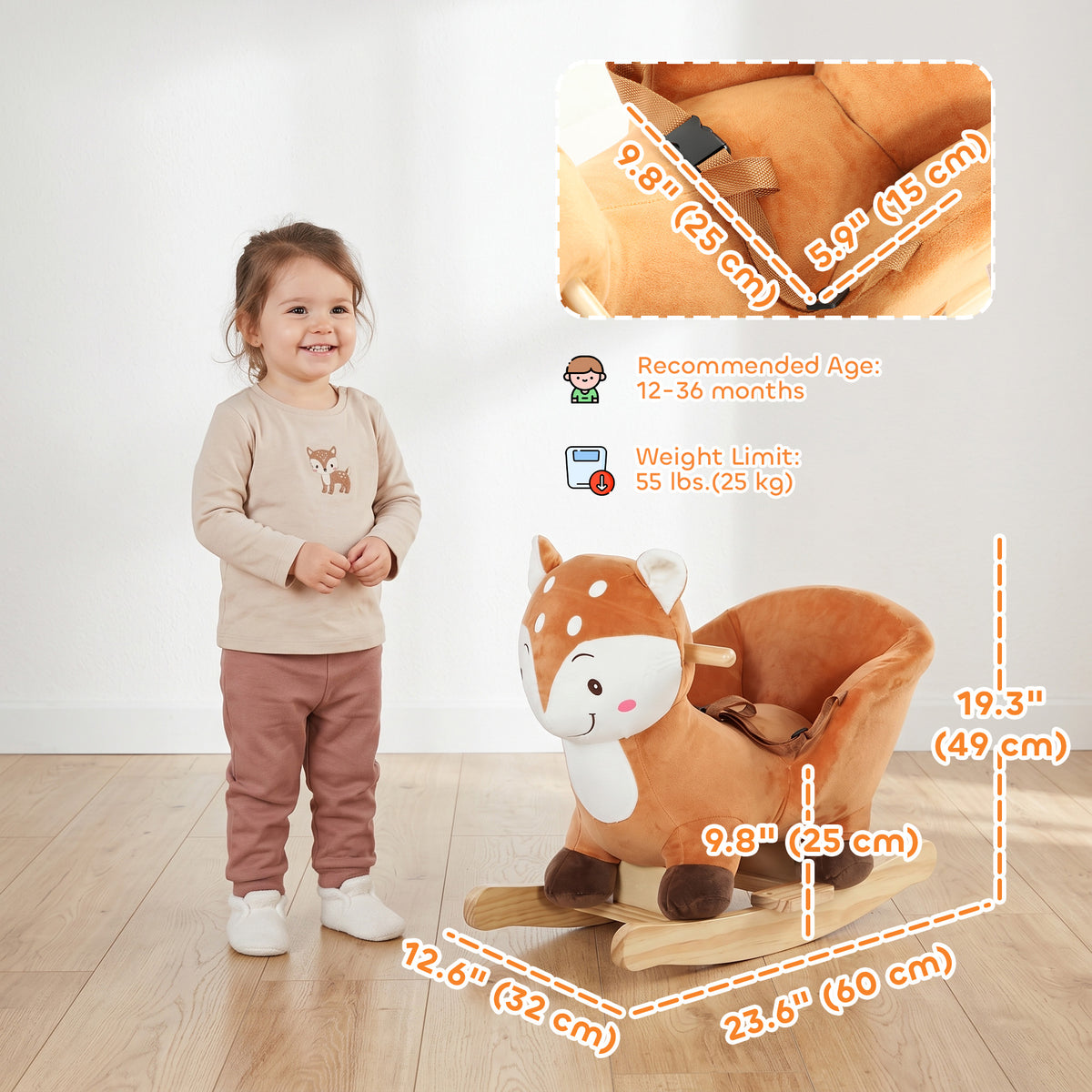 Deer Rocking Horse for Toddlers 1-3 Years, Baby Rocking Horse with Seat Belt, Sounds, Wooden Rocker, Brown-Toys & Games > Baby & Toddler Toys > Riding & Rocking Toys > Rocking Horses-DECOROLALA