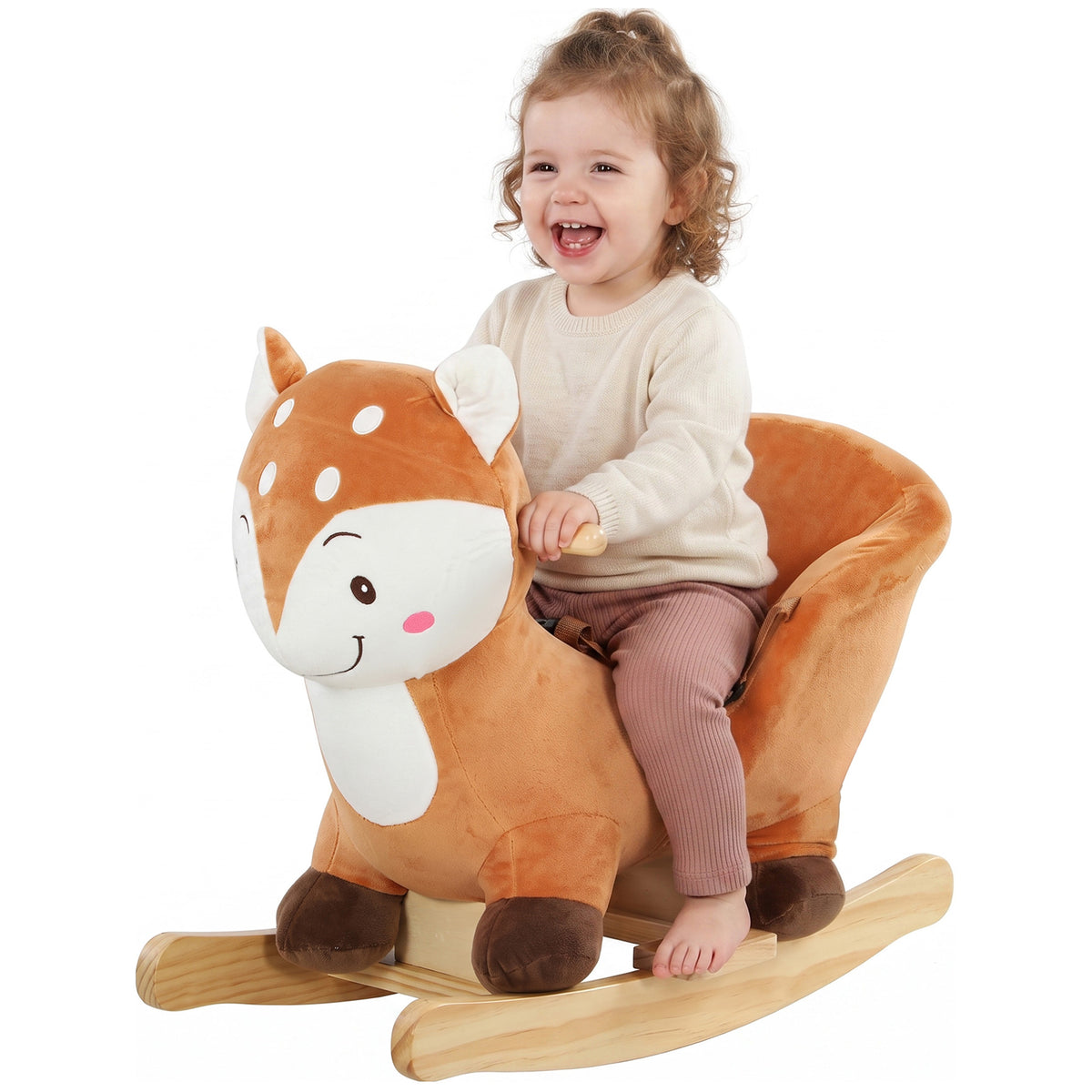 Deer Rocking Horse for Toddlers 1-3 Years, Baby Rocking Horse with Seat Belt, Sounds, Wooden Rocker, Brown-Toys & Games > Baby & Toddler Toys > Riding & Rocking Toys > Rocking Horses-DECOROLALA