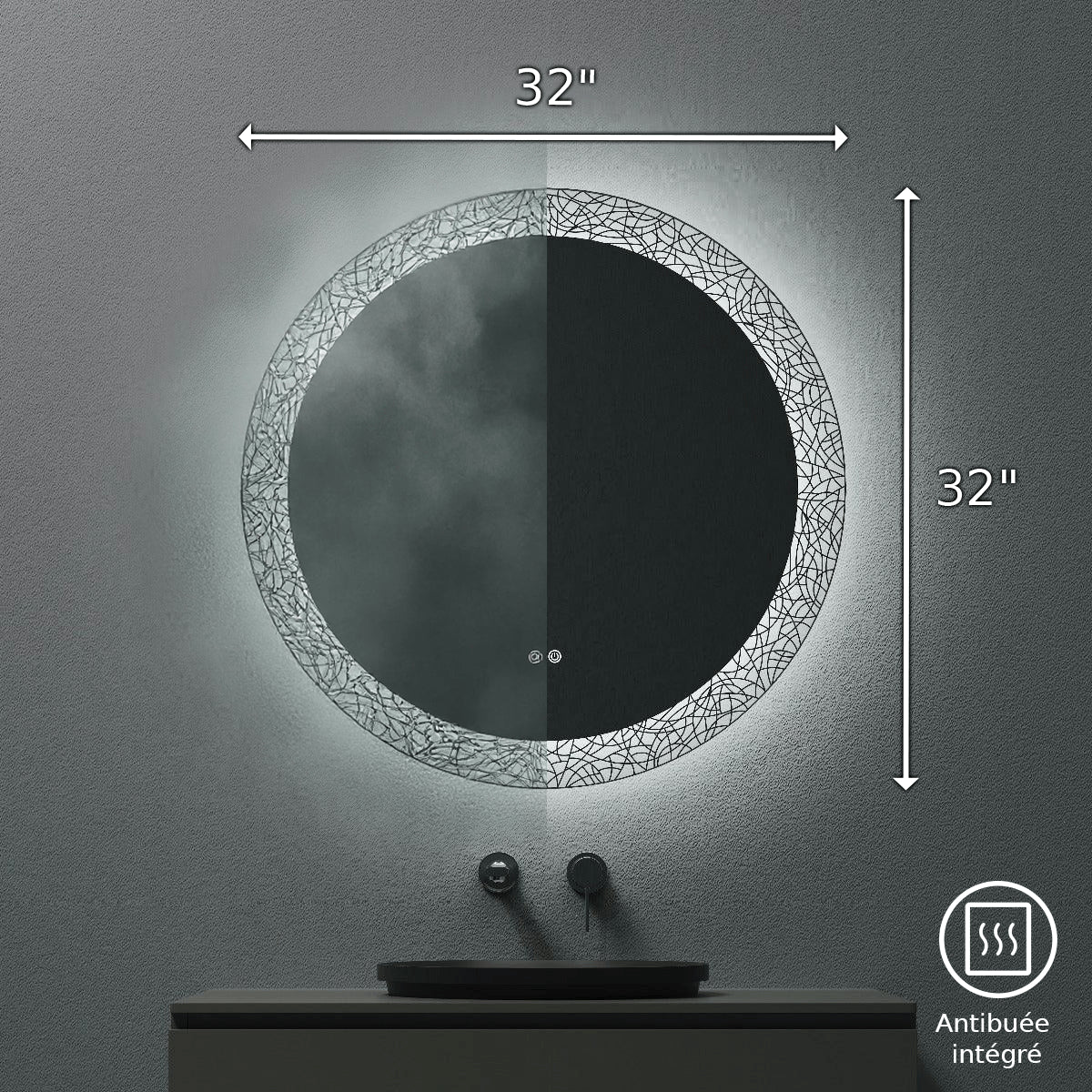 32" LED Round Bathroom Mirror with Laser Pattern Design - Anti-Fog Smart Mirror with Dimming Function, 6000K Cool White Lighting & 3-Touch Sensor Switch for Modern Vanity