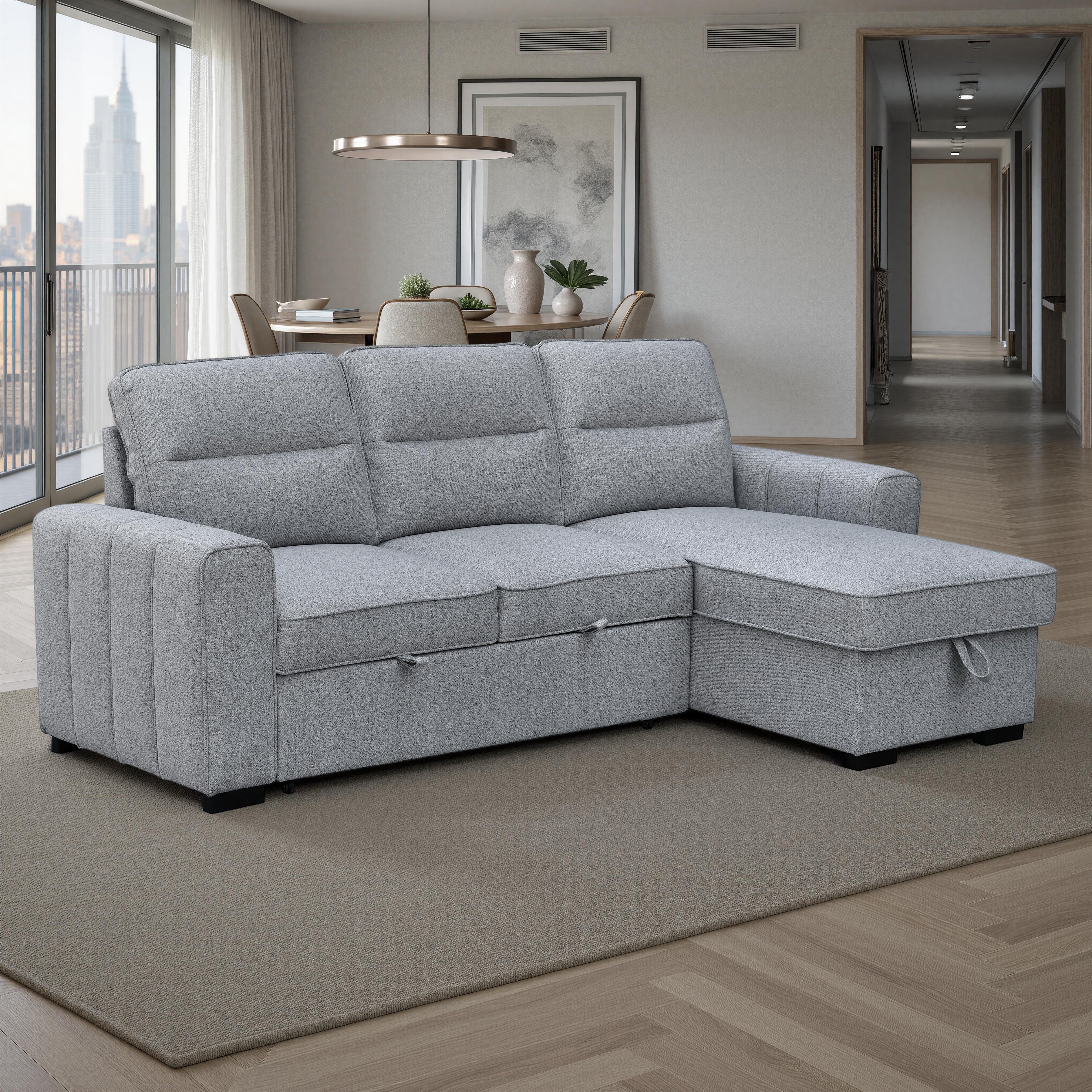 Delphina 92 in. Right-Facing Sectional Sofa Bed with Storage Chaise in Grey-DECOROLALA