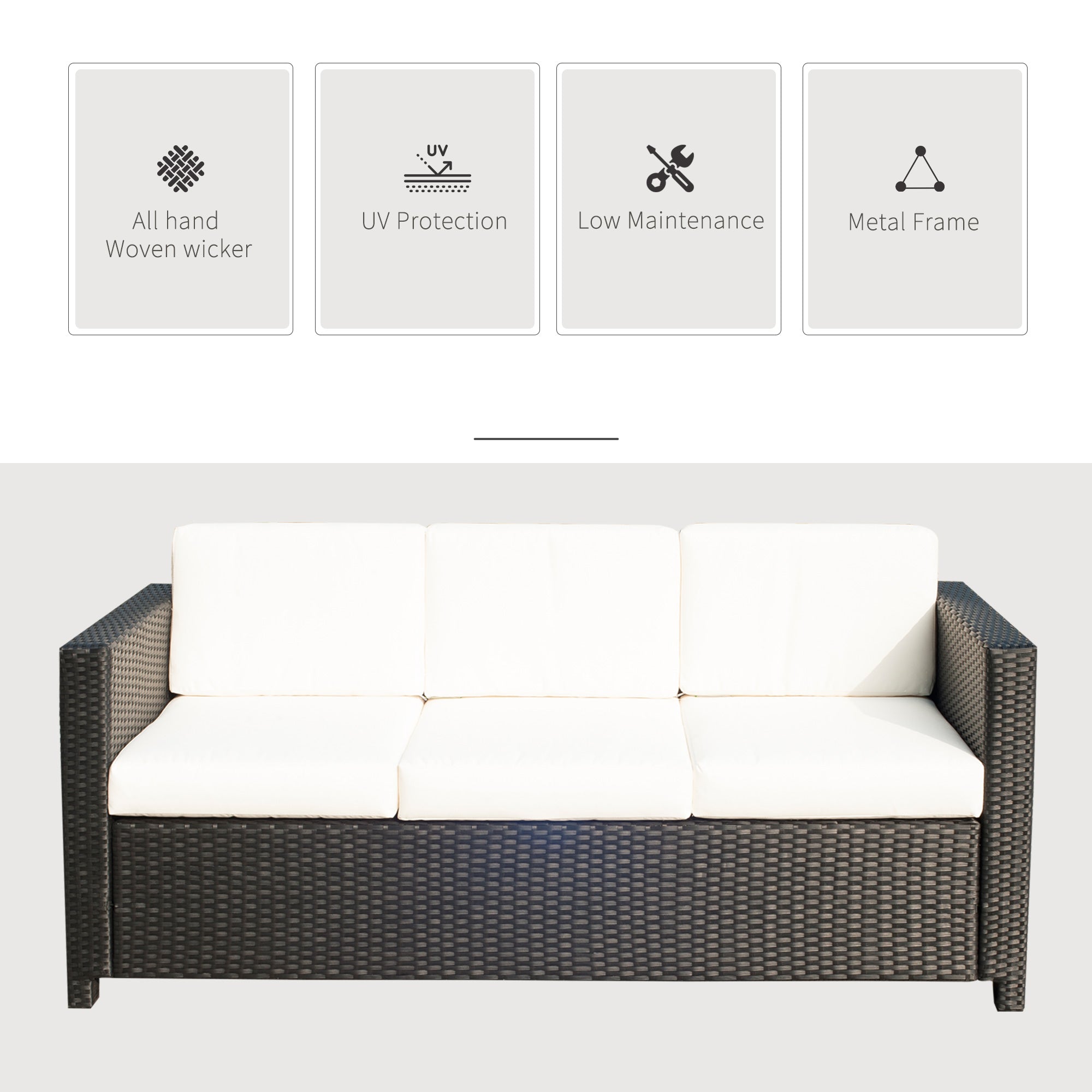 Deluxe 3 Seat Rattan Wicker Sofa - Cream White-DECOROLALA