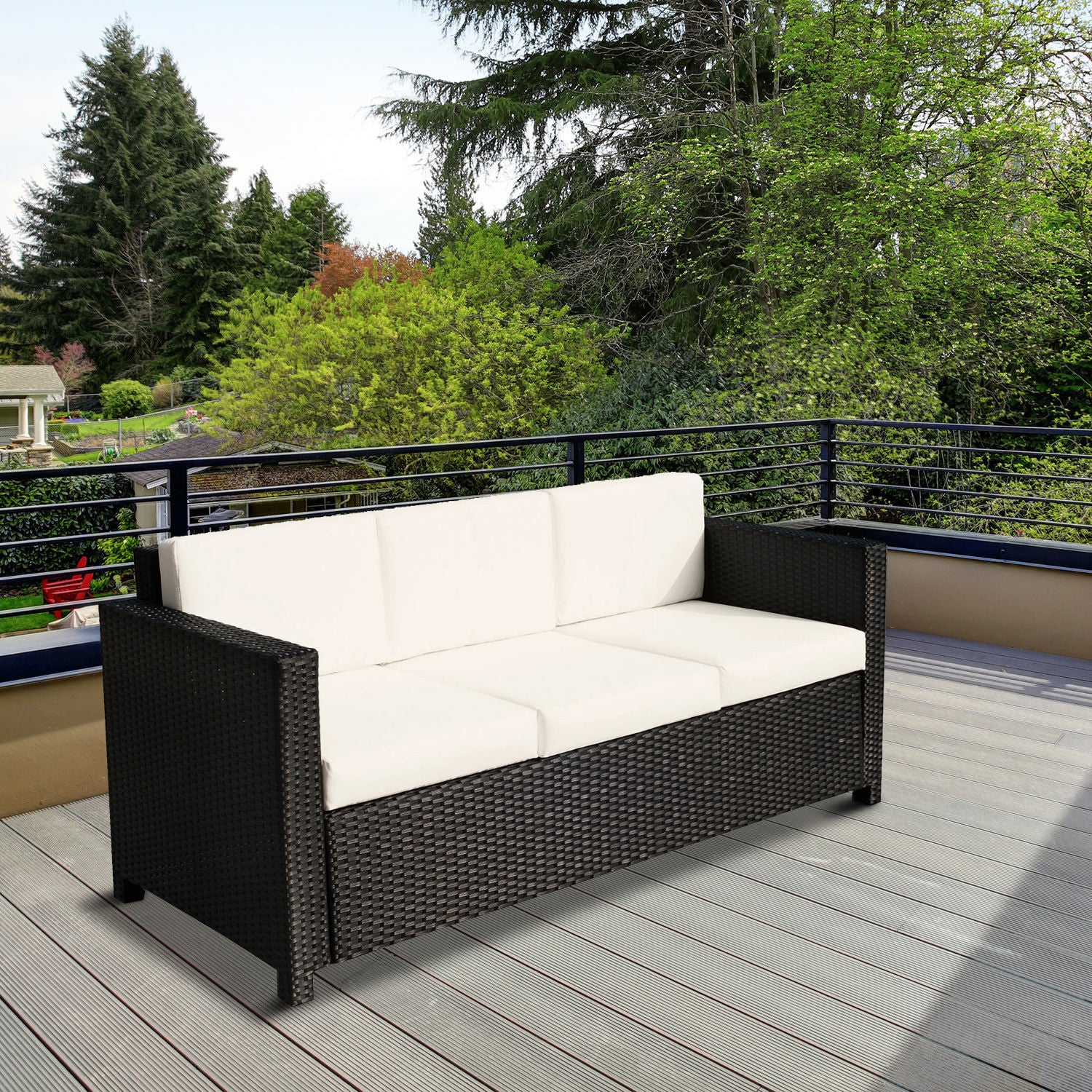 Deluxe 3 Seat Rattan Wicker Sofa - Cream White-DECOROLALA