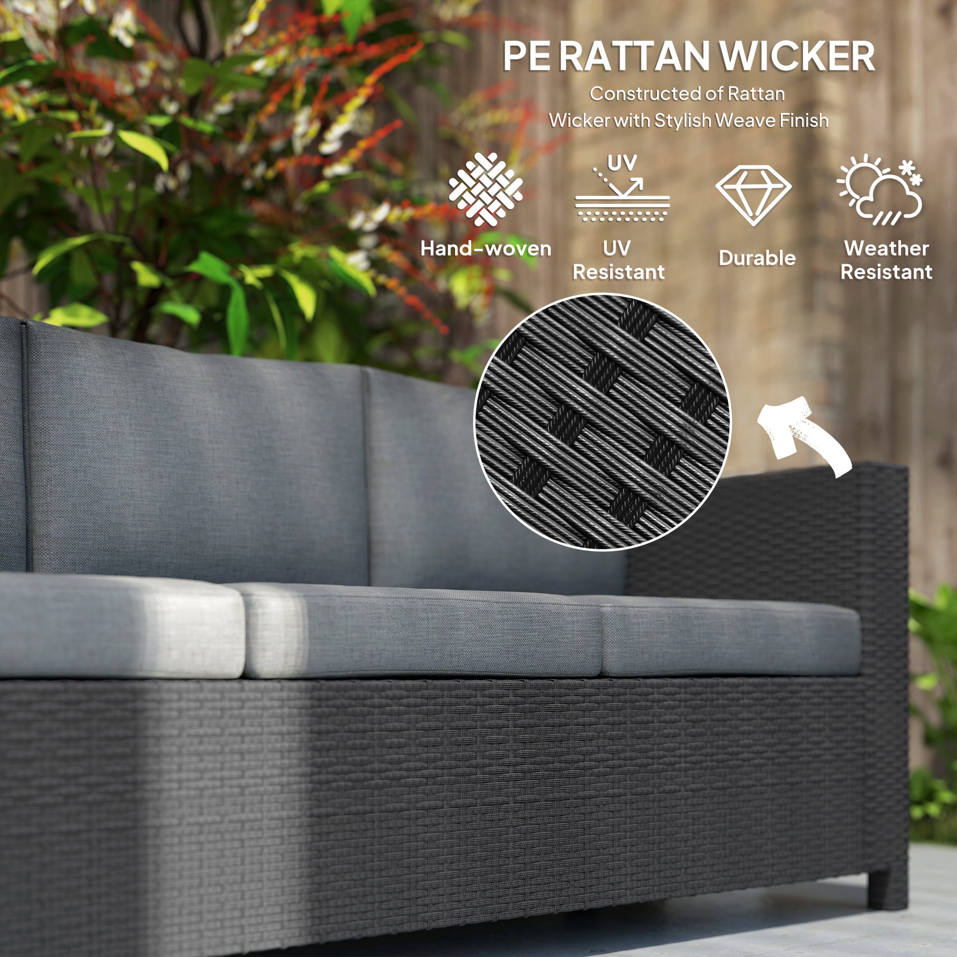 Deluxe 3 Seat Rattan Wicker Sofa - Grey-DECOROLALA