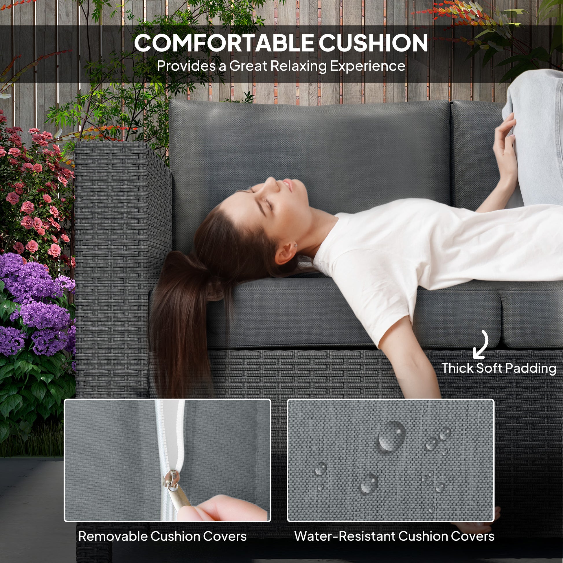 Deluxe 3 Seat Rattan Wicker Sofa - Grey-DECOROLALA