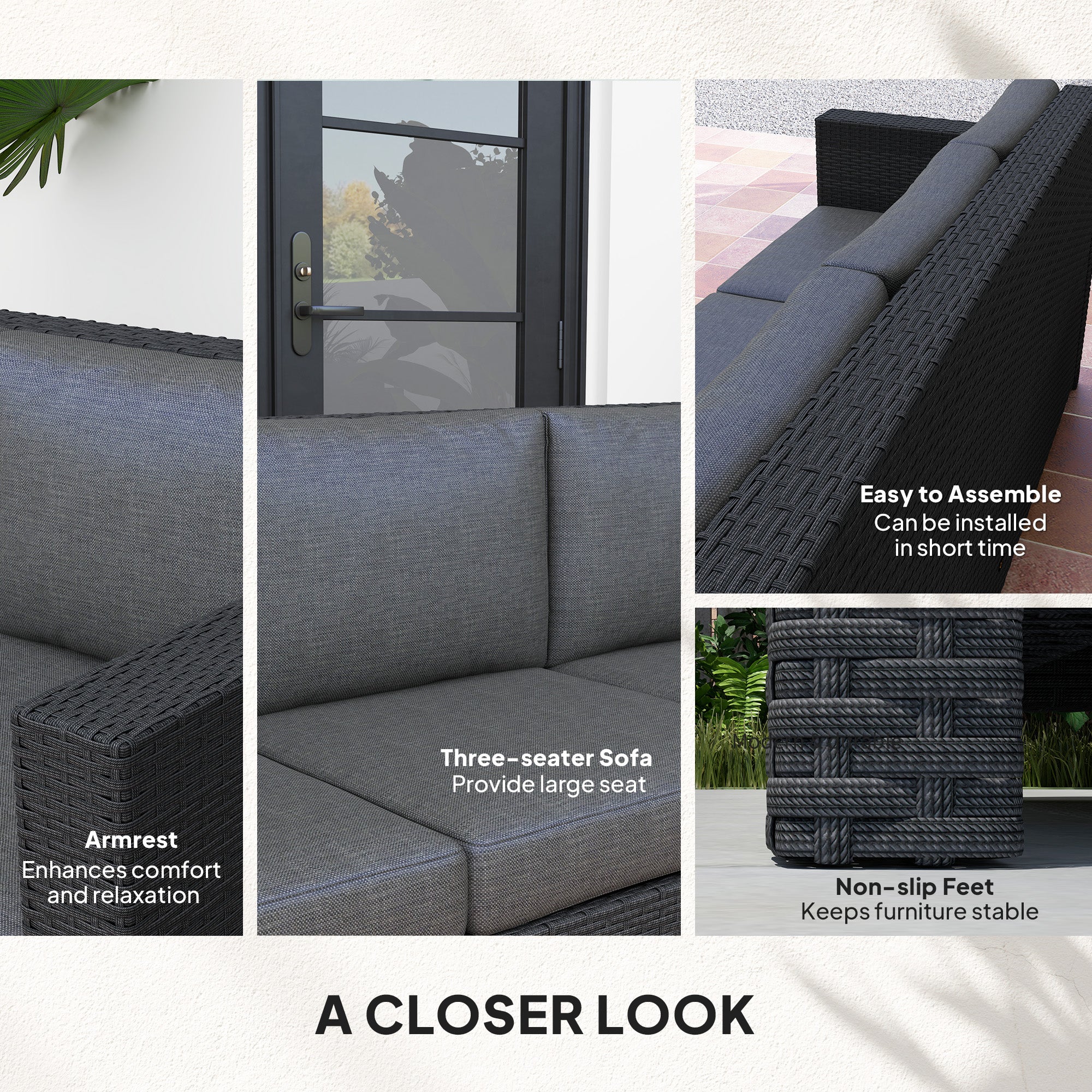 Deluxe 3 Seat Rattan Wicker Sofa - Grey-DECOROLALA