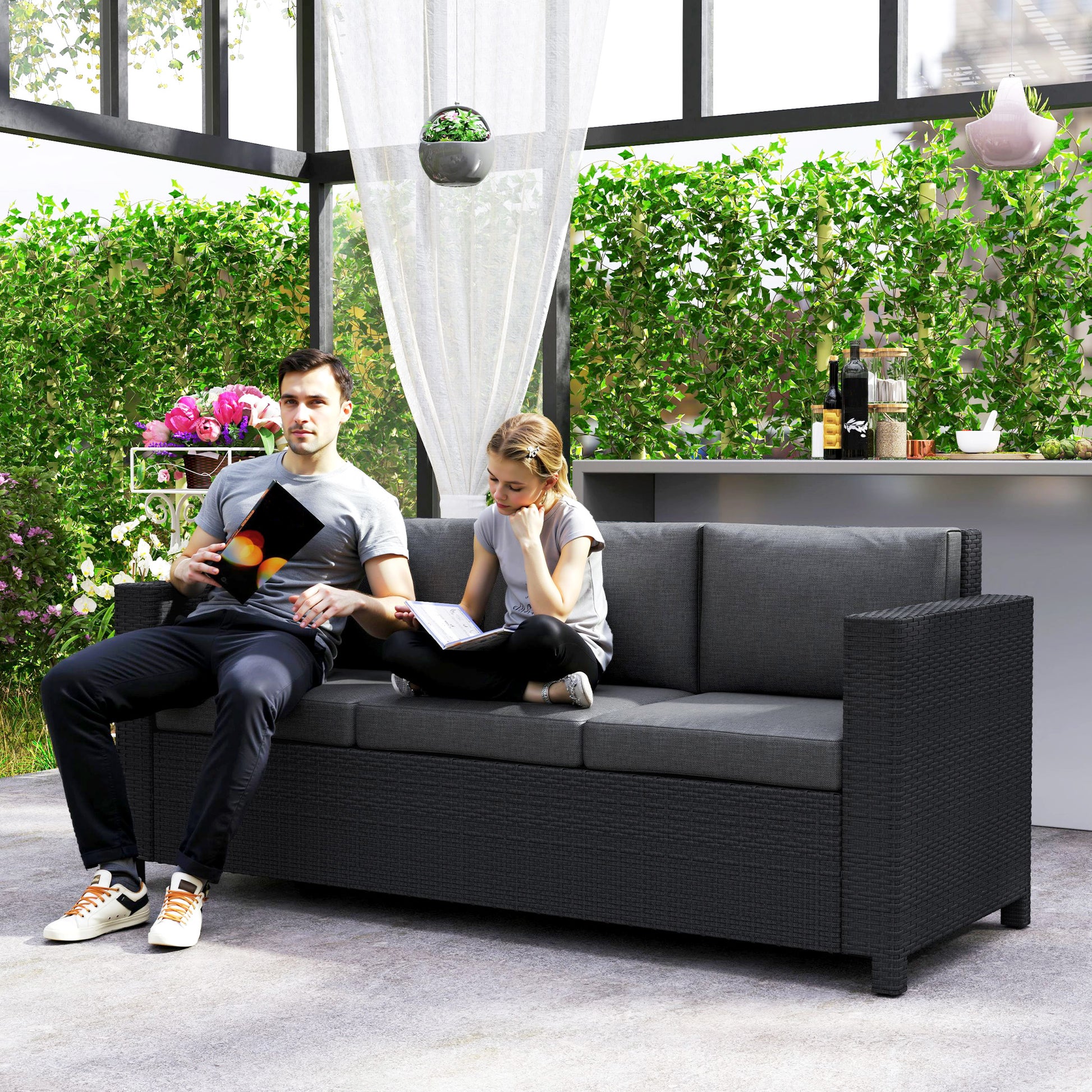 Deluxe 3 Seat Rattan Wicker Sofa - Grey-DECOROLALA