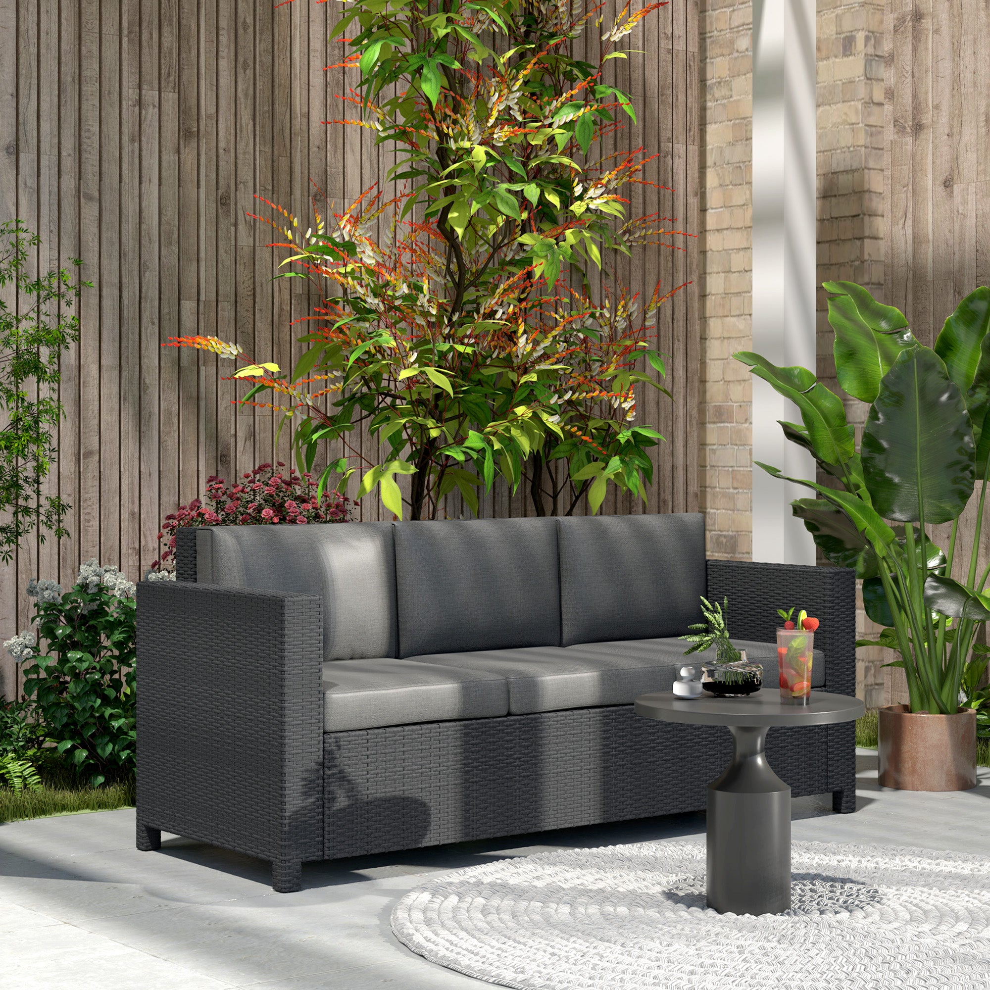 Deluxe 3 Seat Rattan Wicker Sofa - Grey-DECOROLALA