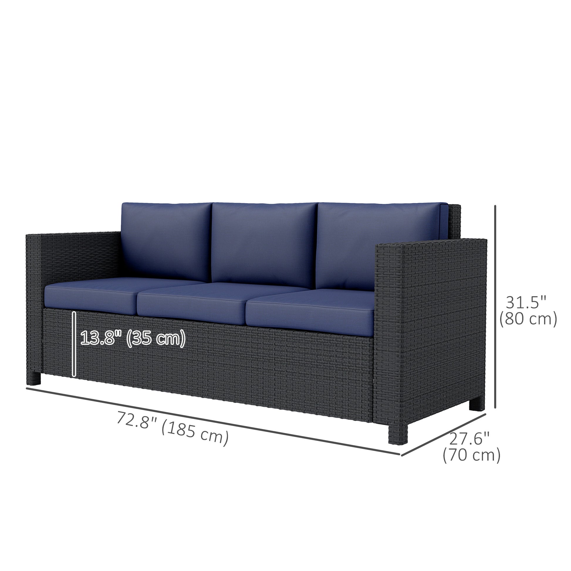 Deluxe 3 Seat Rattan Wicker Sofa - Navy Blue-DECOROLALA