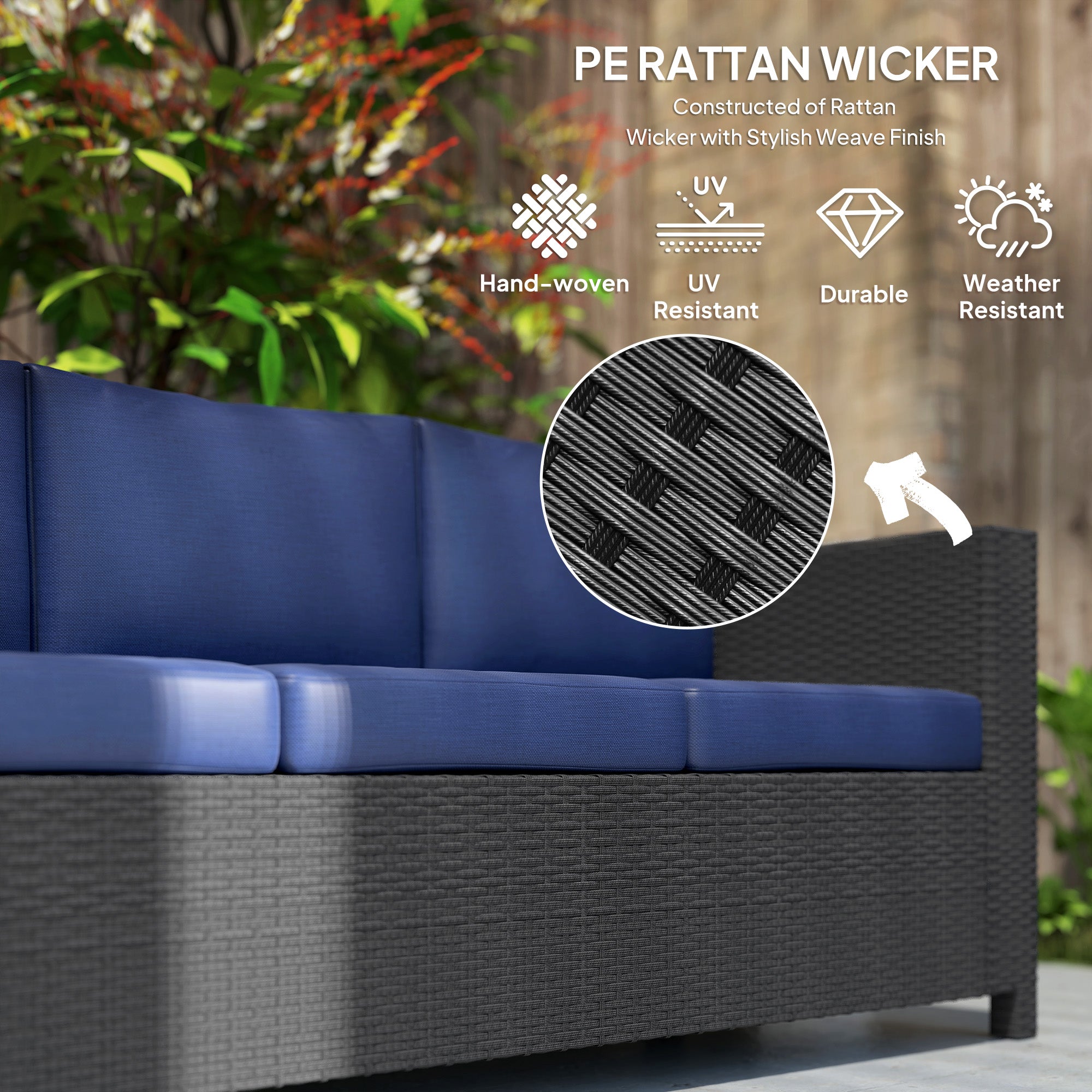 Deluxe 3 Seat Rattan Wicker Sofa - Navy Blue-DECOROLALA