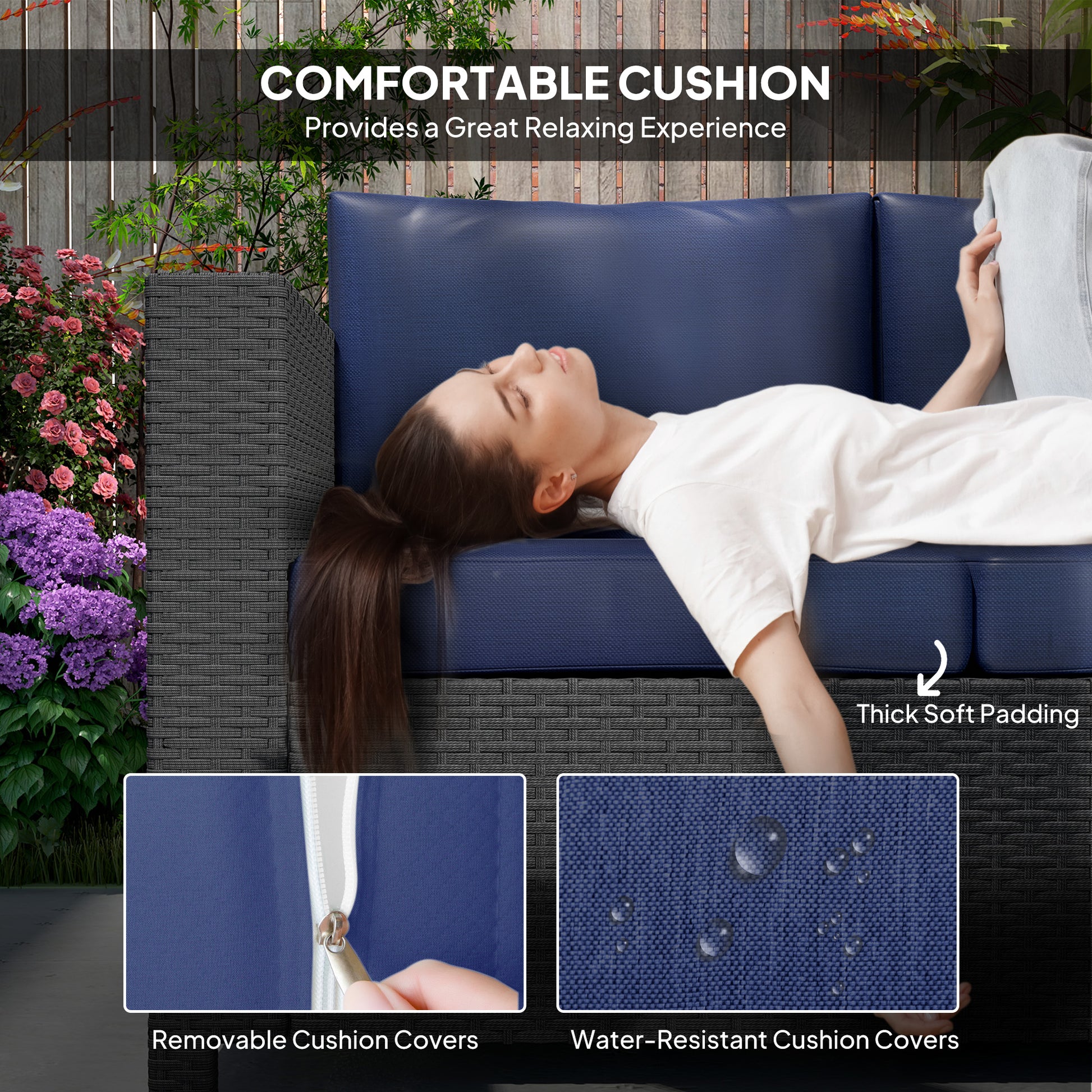 Deluxe 3 Seat Rattan Wicker Sofa - Navy Blue-DECOROLALA