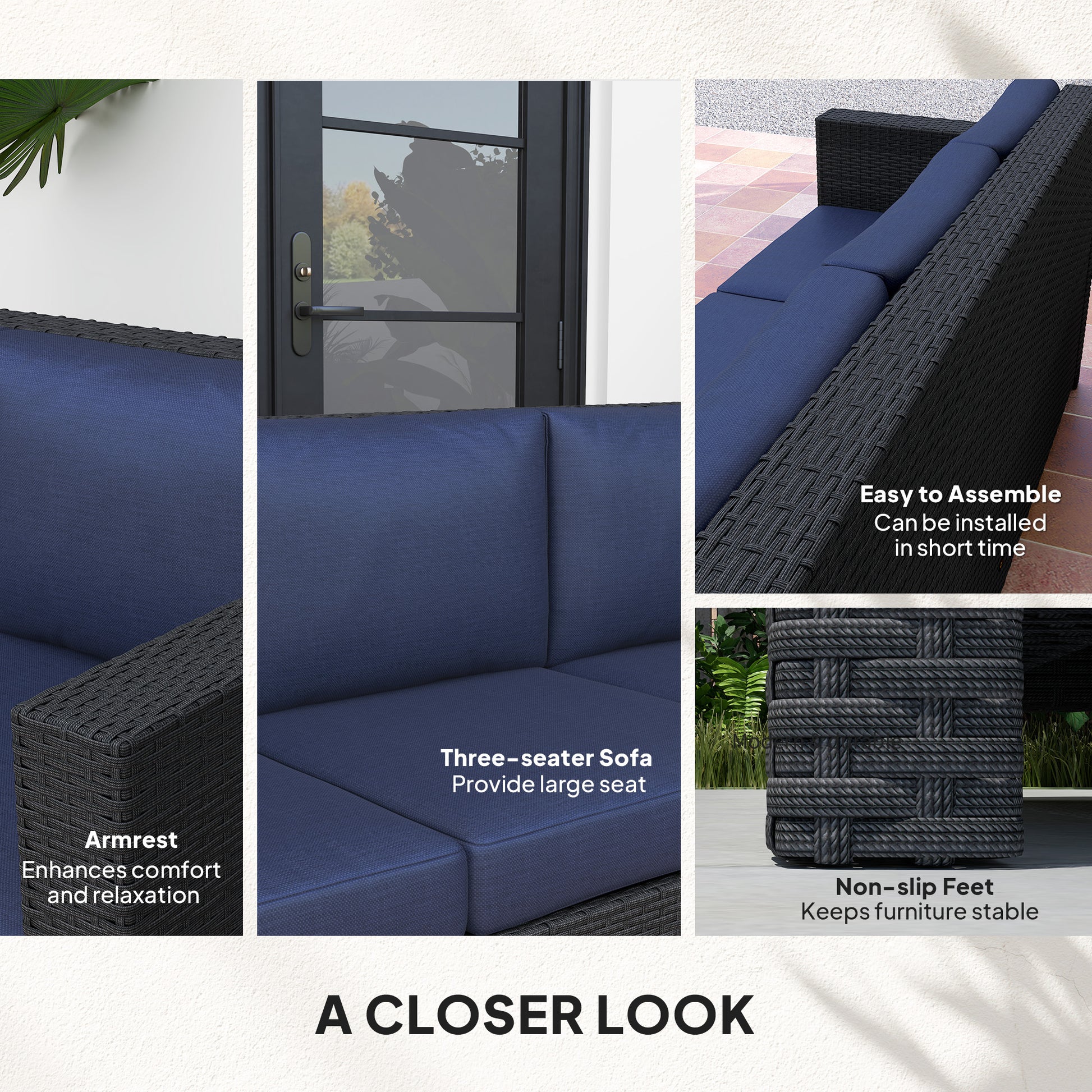 Deluxe 3 Seat Rattan Wicker Sofa - Navy Blue-DECOROLALA