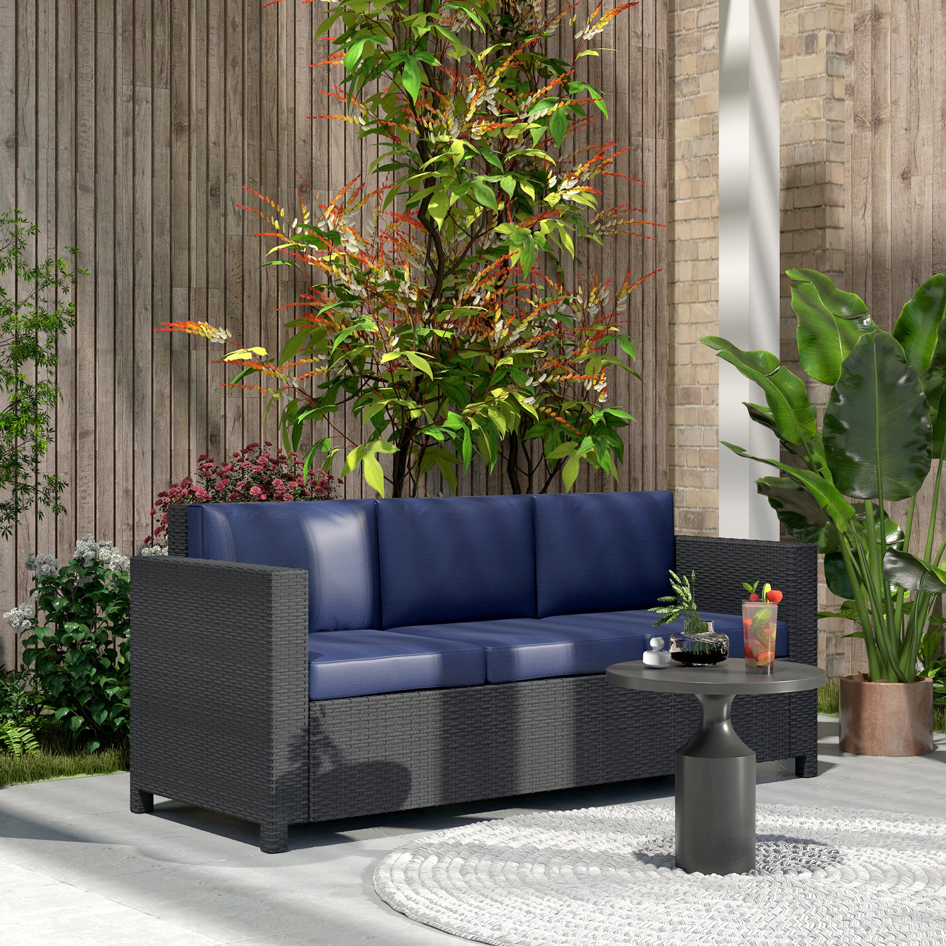 Deluxe 3 Seat Rattan Wicker Sofa - Navy Blue-DECOROLALA