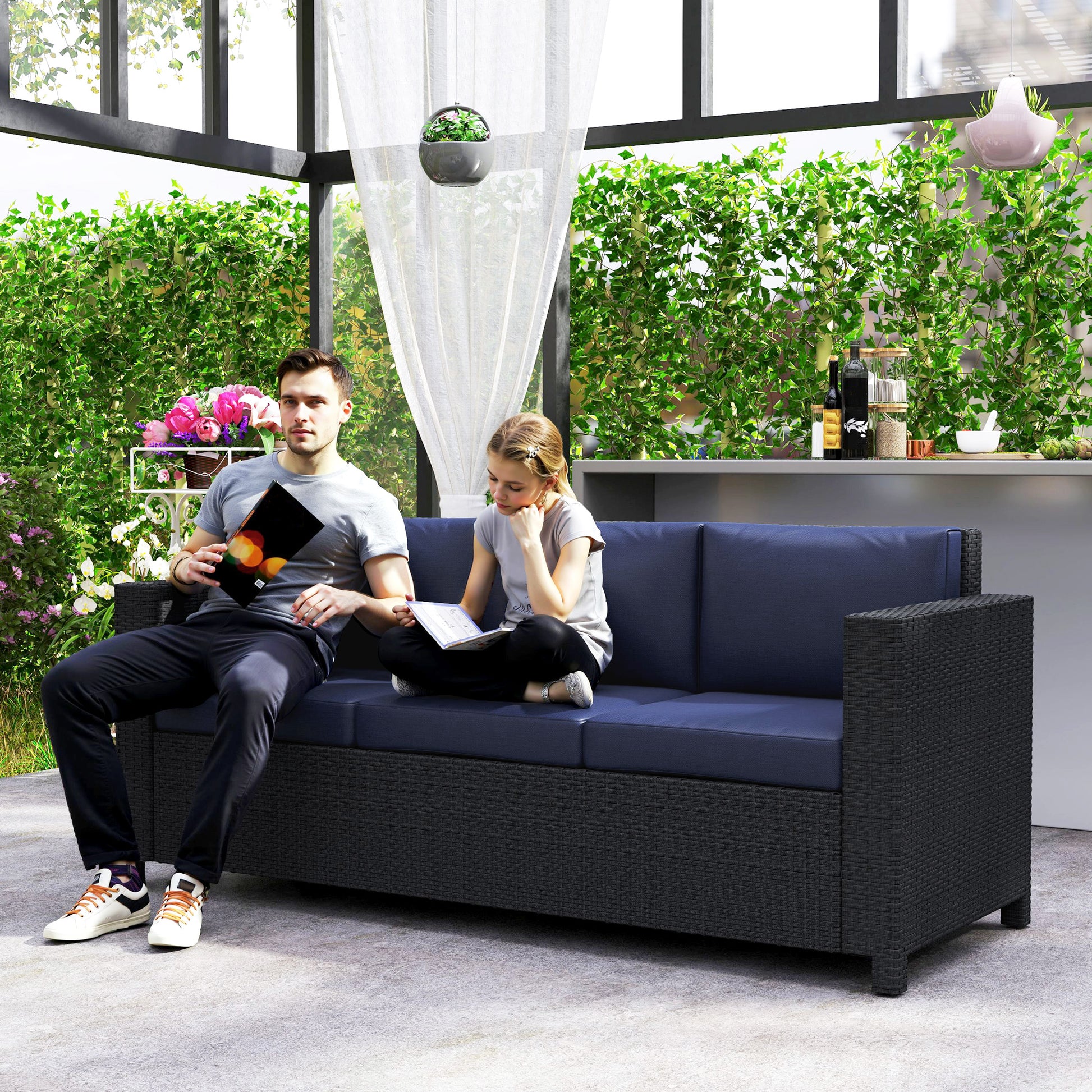 Deluxe 3 Seat Rattan Wicker Sofa - Navy Blue-DECOROLALA