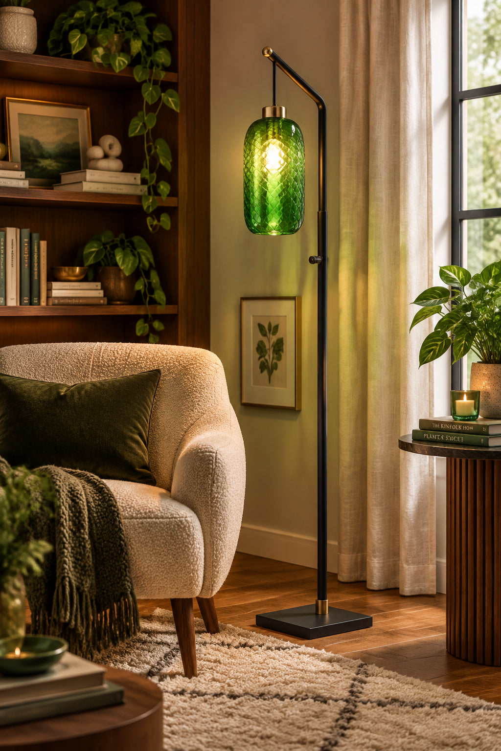 Derrick Floor Lamp - Emerald Green Glass Shade-Lighting-DECOROLALA
