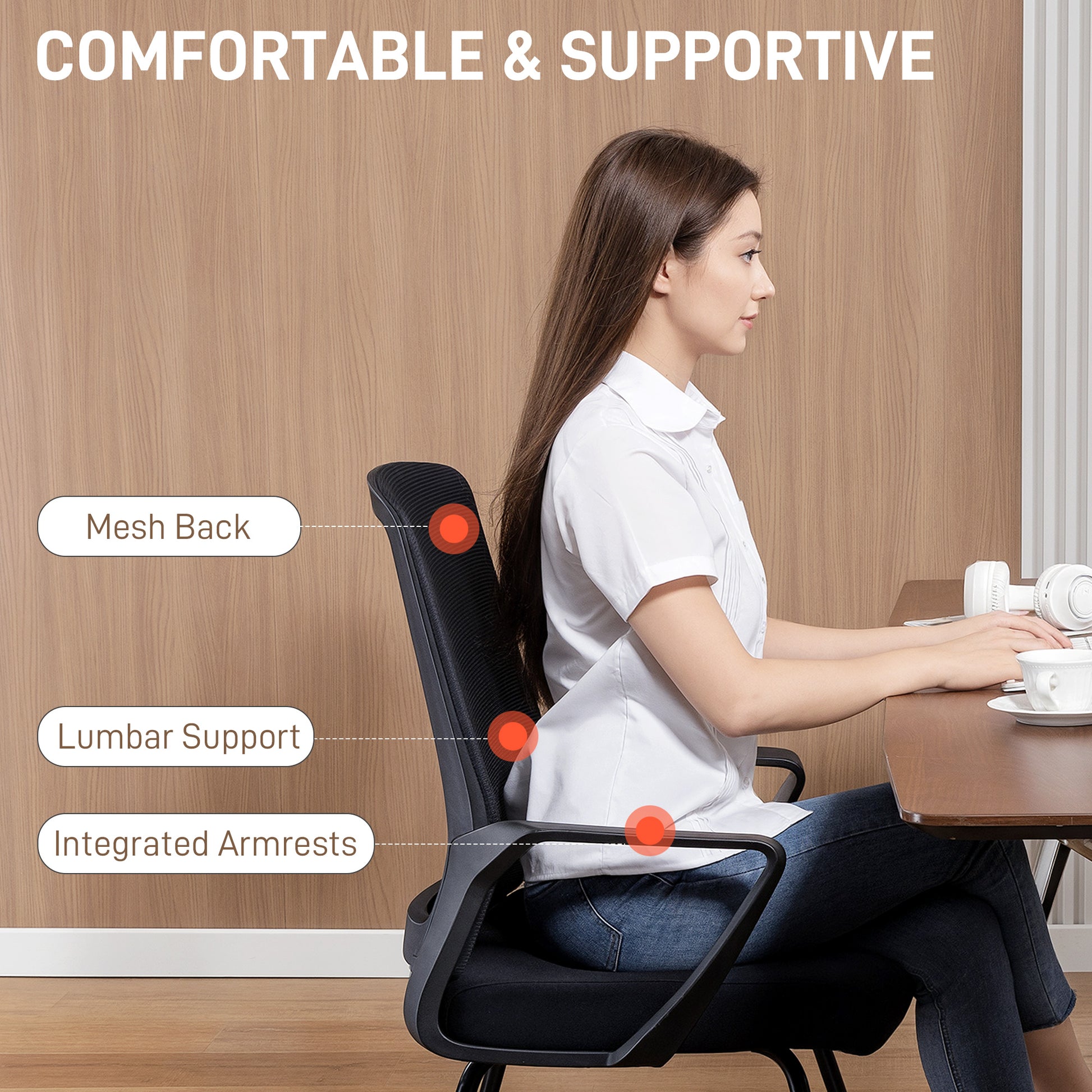 Desk Chair No Wheels - Black Mesh Lumbar Support-Office Products > Office Furniture > Office Chairs > Task Chairs-DECOROLALA