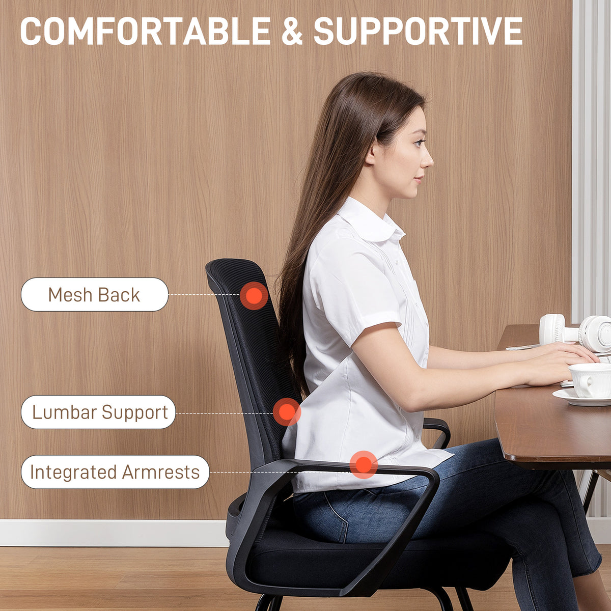 Desk Chair No Wheels - Black Mesh Lumbar Support-Office Products > Office Furniture > Office Chairs > Task Chairs-DECOROLALA