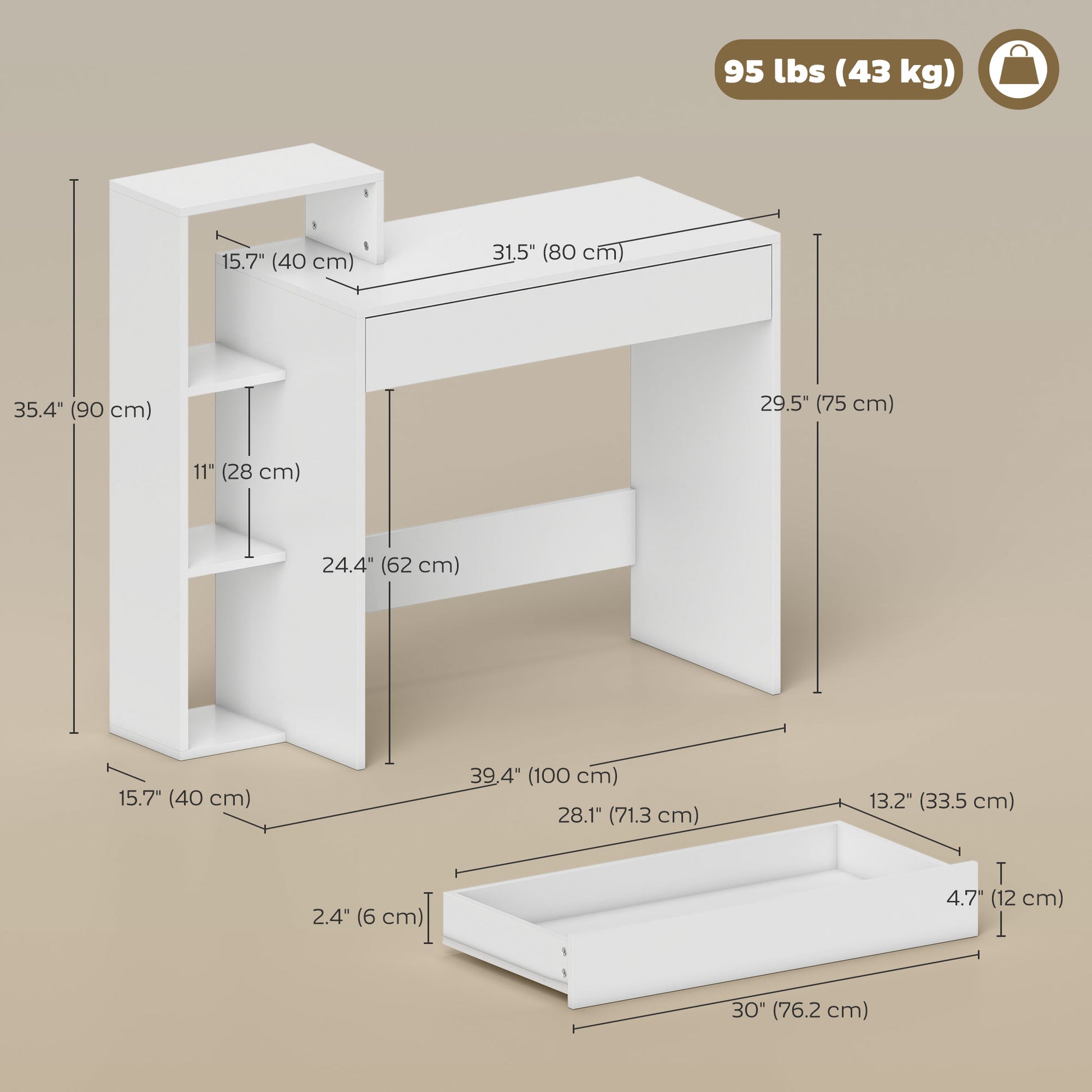 Desk with Storage, Computer Desk with 3 Open Shelves and Drawer White-Office Products > Office Furniture > Office Desks & Work Stations > Writing Desks-DECOROLALA