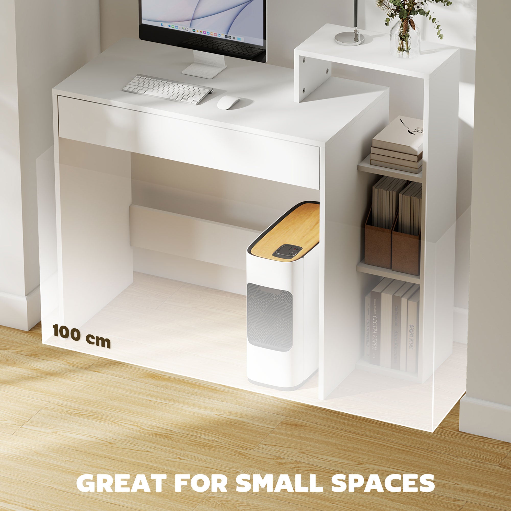 Desk with Storage, Computer Desk with 3 Open Shelves and Drawer White-Office Products > Office Furniture > Office Desks & Work Stations > Writing Desks-DECOROLALA
