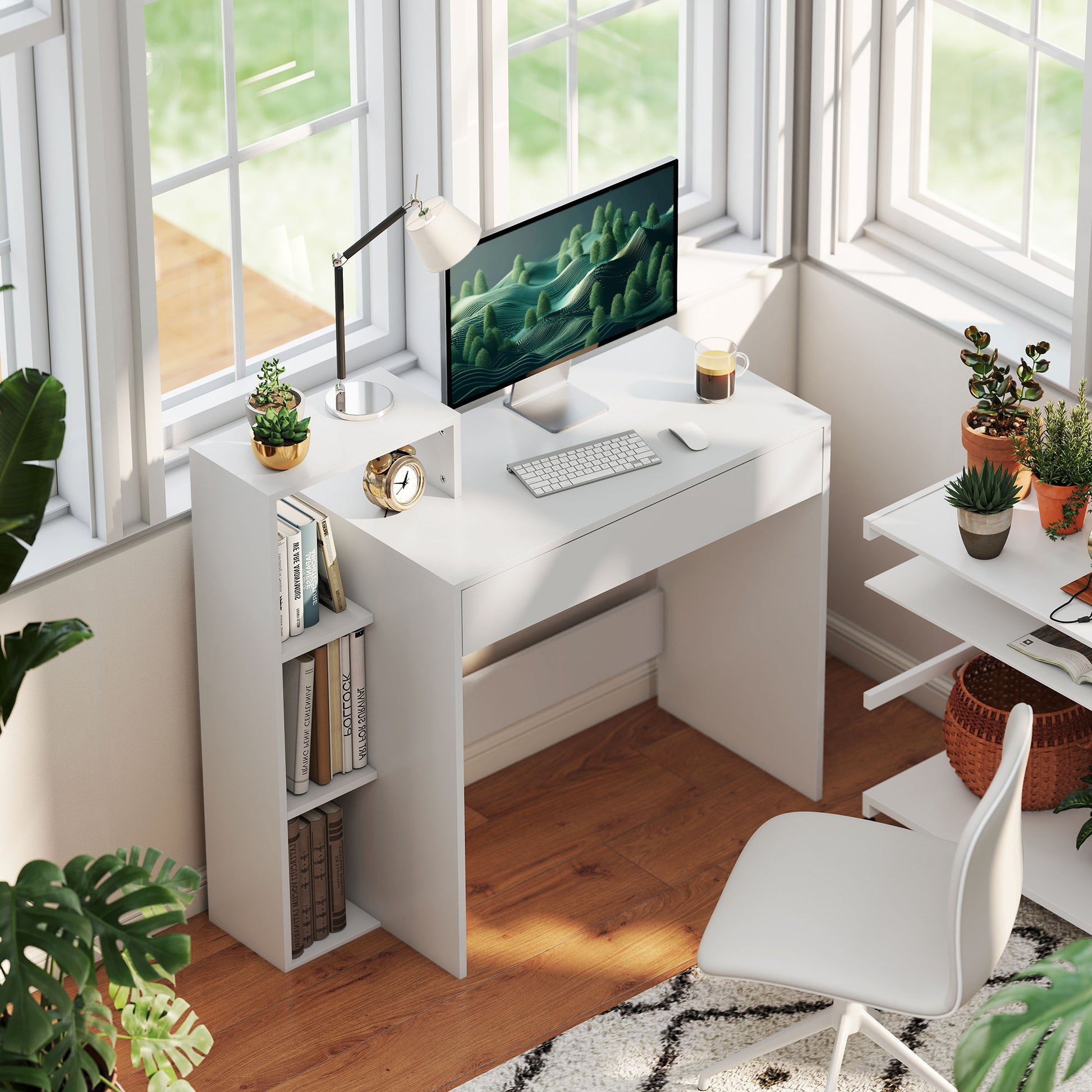 Desk with Storage, Computer Desk with 3 Open Shelves and Drawer White-Office Products > Office Furniture > Office Desks & Work Stations > Writing Desks-DECOROLALA