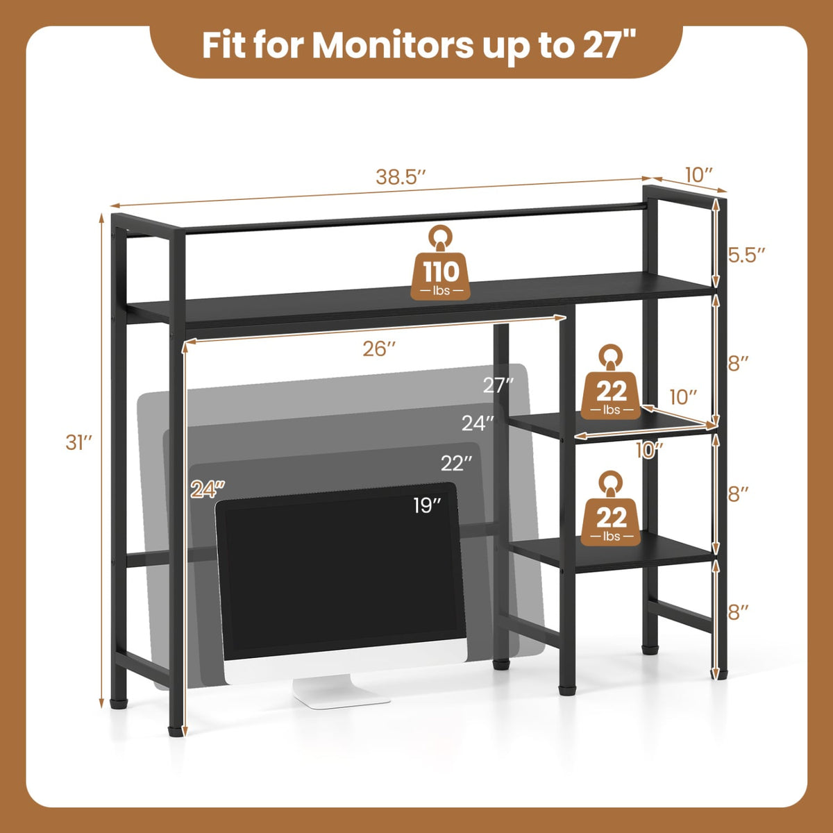 Desktop Bookshelf 38.5" W with Storage Display Rack for Home Office-Black-Bookcases-DECOROLALA