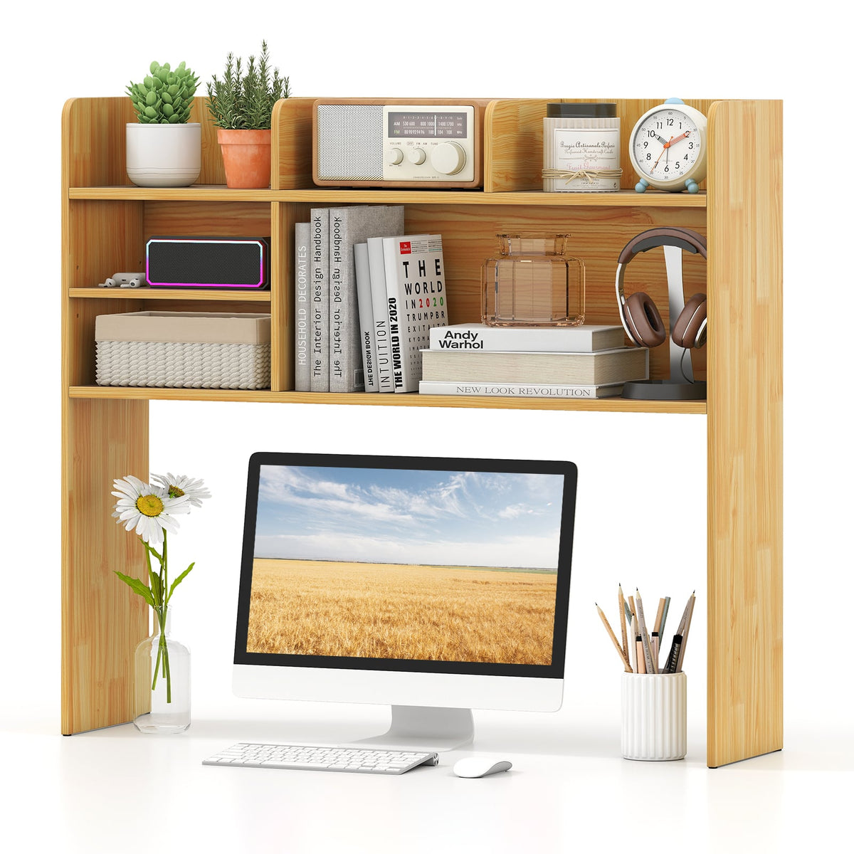Desktop Bookshelf Countertop Storage Hutch with 6 Shelves-Beige-Bookcases-DECOROLALA