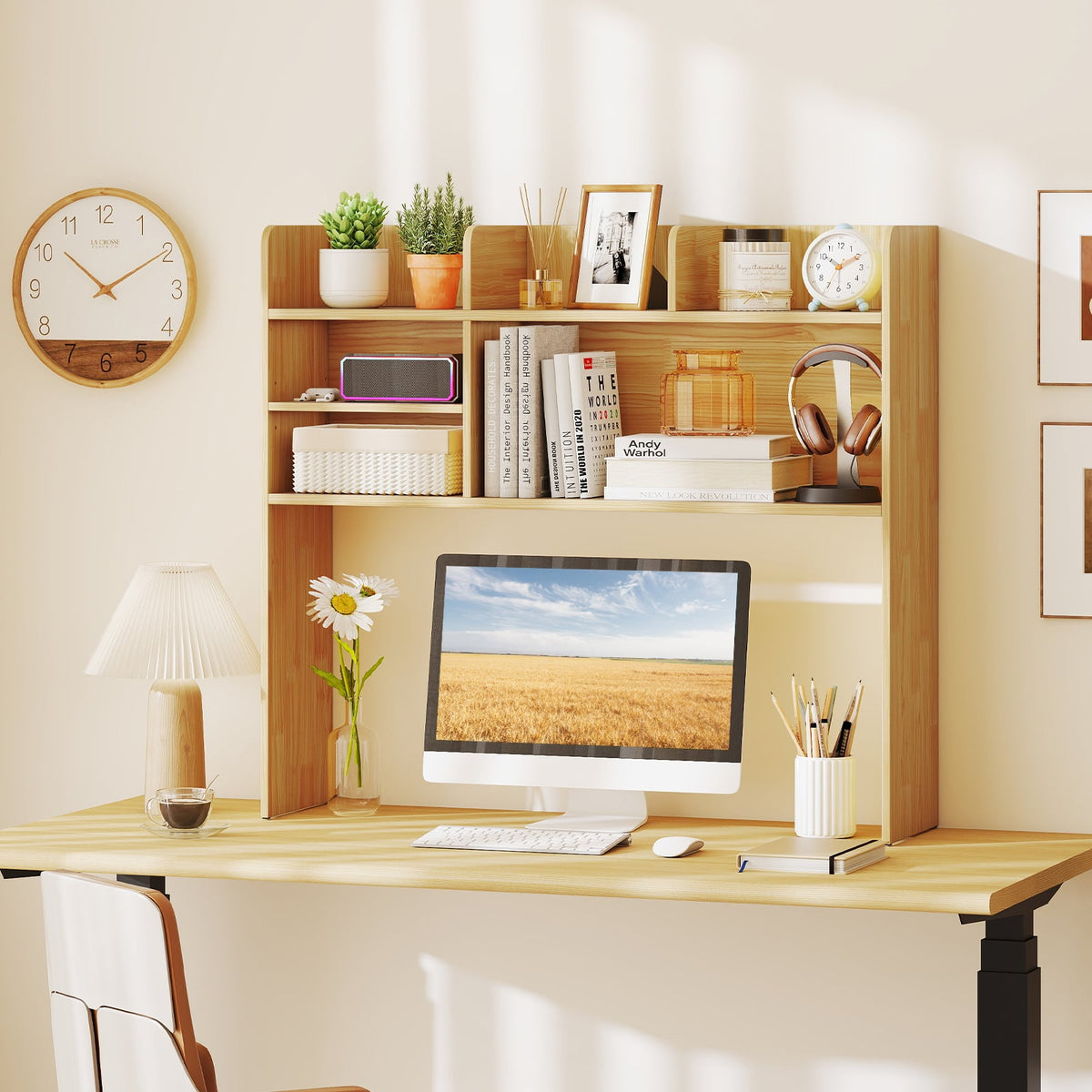Desktop Bookshelf Countertop Storage Hutch with 6 Shelves-Beige-Bookcases-DECOROLALA