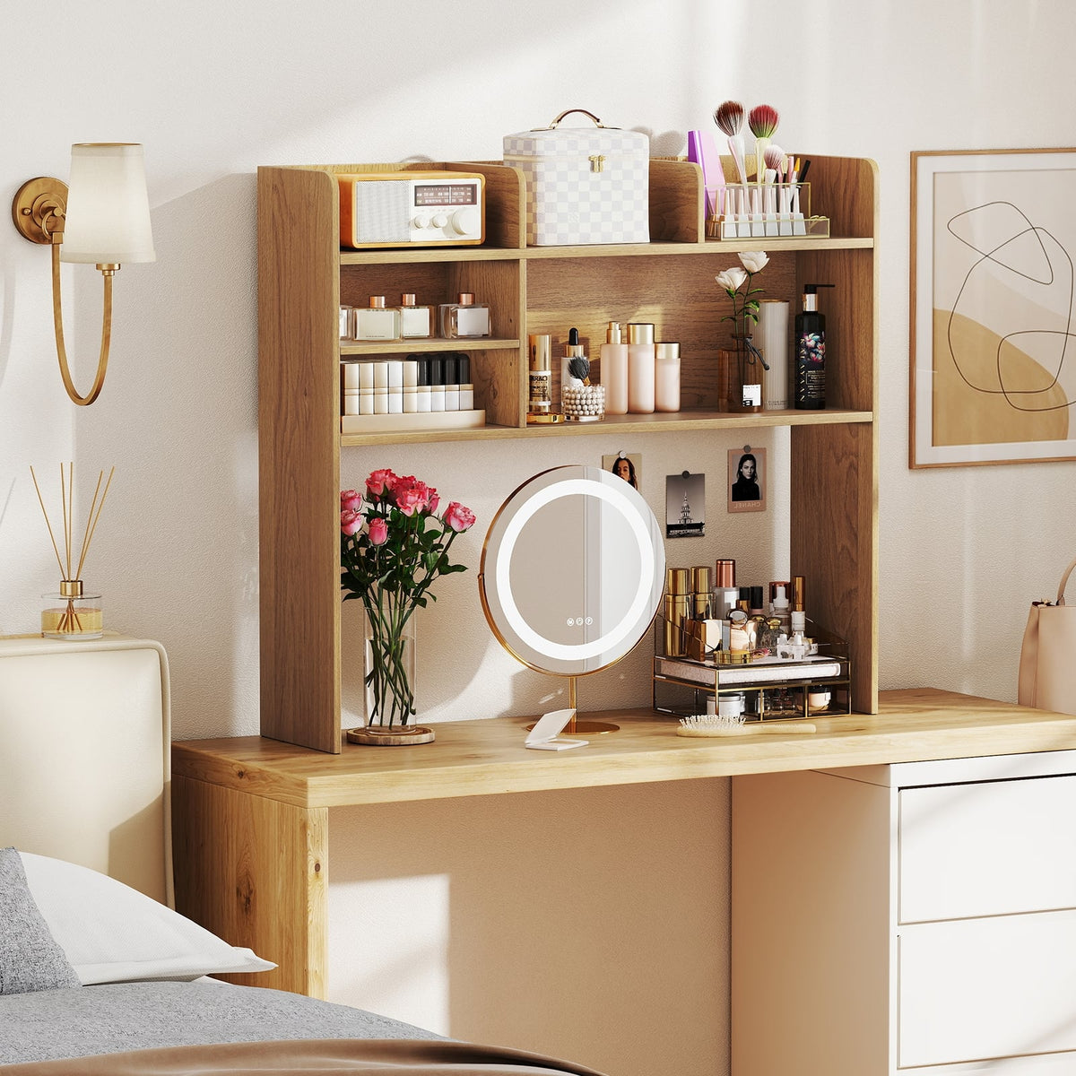 Desktop Bookshelf Countertop Storage Hutch with 6 Shelves-Natural-Bookcases-DECOROLALA