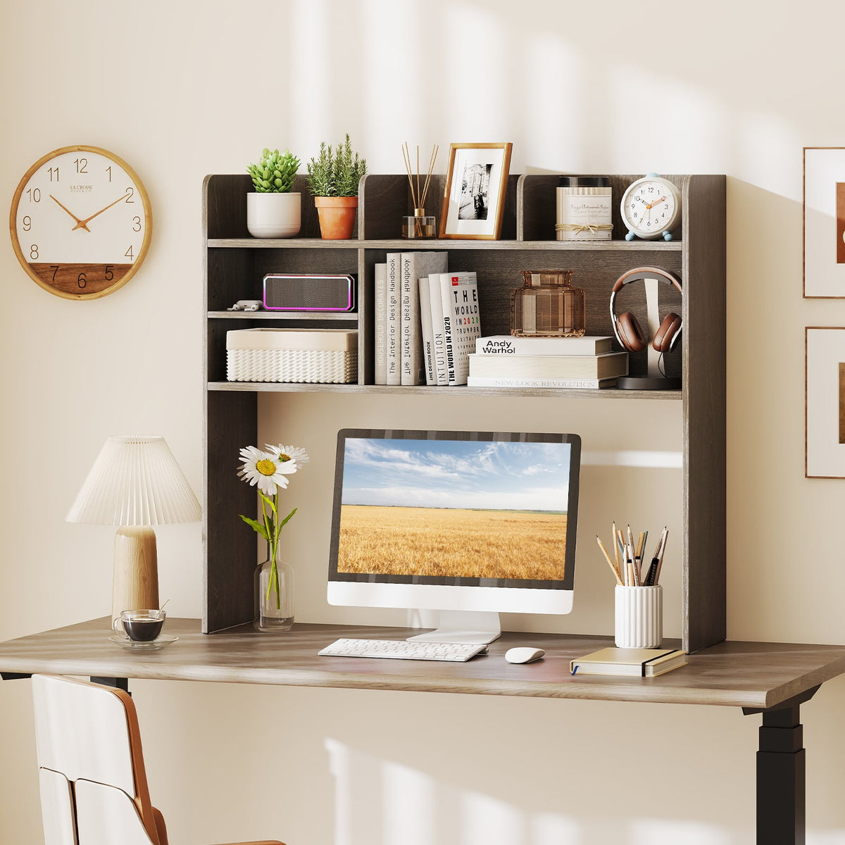 Desktop Bookshelf Countertop Storage Hutch with 6 Shelves-Oak-Bookcases-DECOROLALA