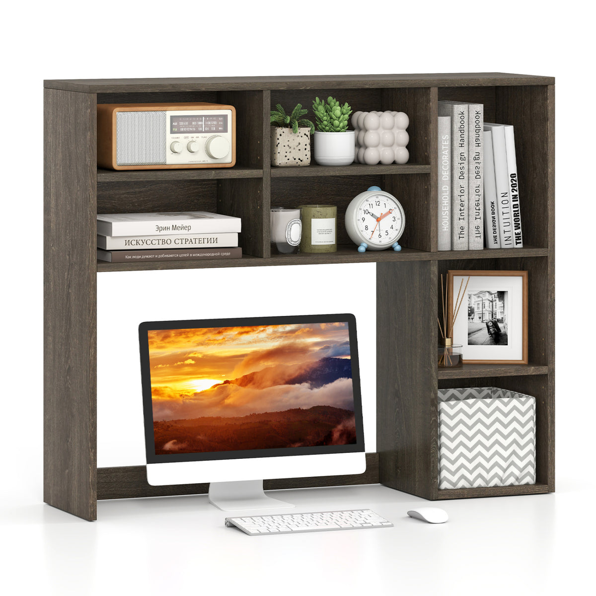 Desktop Bookshelf with 7 Open Cubbies and 3 Adjustable Shelves-Oak-Bookcases-DECOROLALA