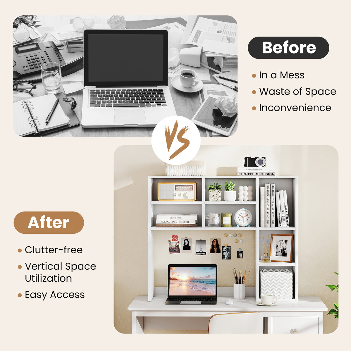Desktop Bookshelf with 7 Open Cubbies and 3 Adjustable Shelves-White-Bookcases-DECOROLALA