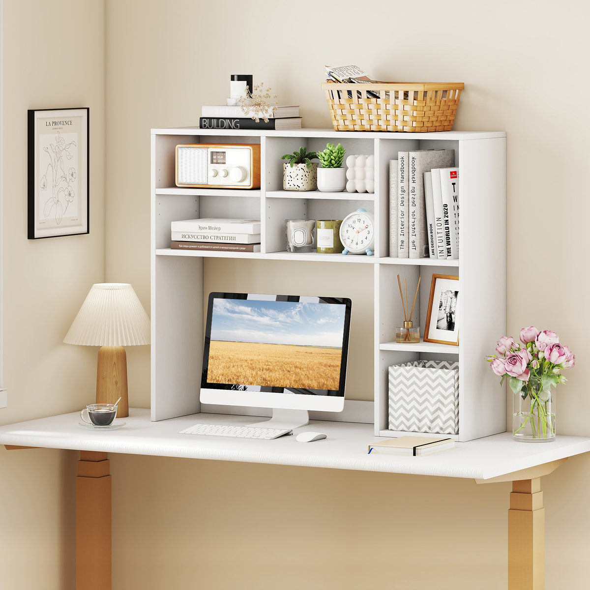 Desktop Bookshelf with 7 Open Cubbies and 3 Adjustable Shelves-White-Bookcases-DECOROLALA