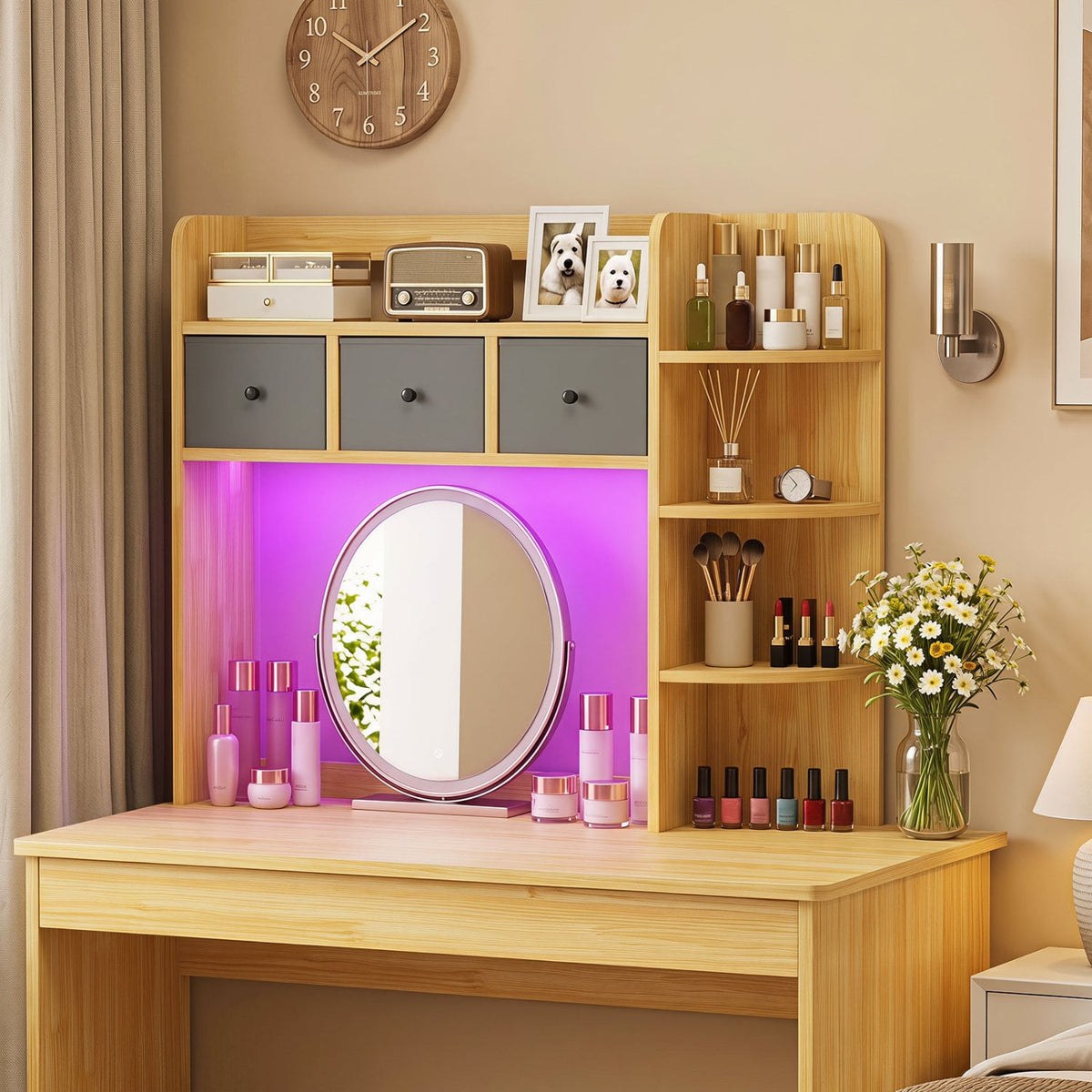 Desktop Bookshelf with LED Lights 5-Tier Shelves and 3 Drawers for Home Officce-Brown-Bookcases-DECOROLALA