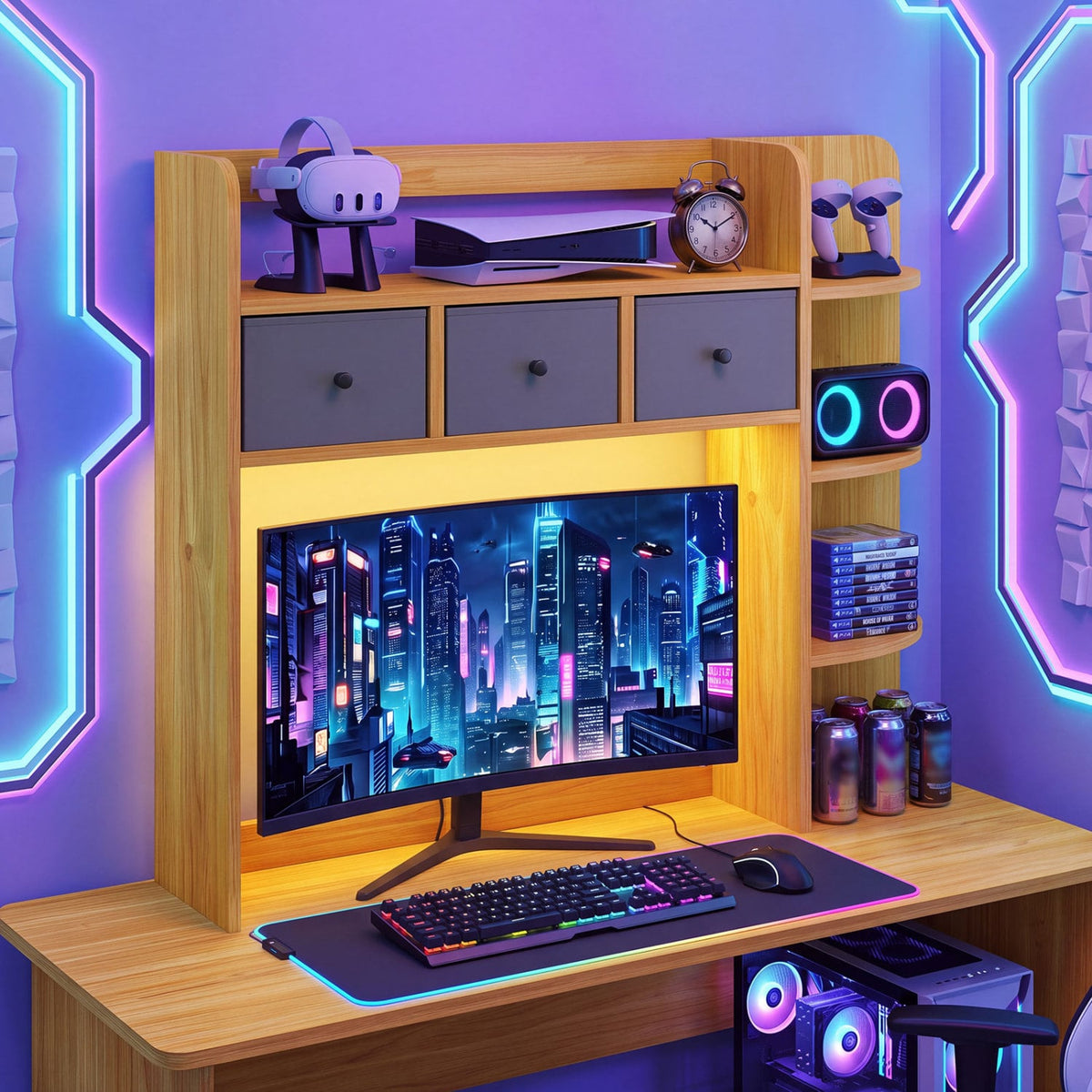 Desktop Bookshelf with LED Lights 5-Tier Shelves and 3 Drawers for Home Officce-Brown-Bookcases-DECOROLALA