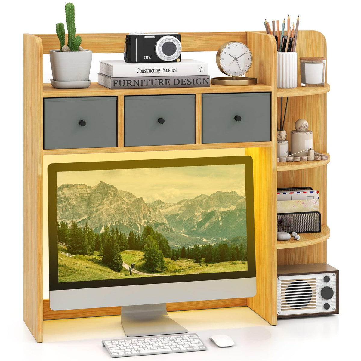 Desktop Bookshelf with LED Lights 5-Tier Shelves and 3 Drawers for Home Officce-Brown-Bookcases-DECOROLALA