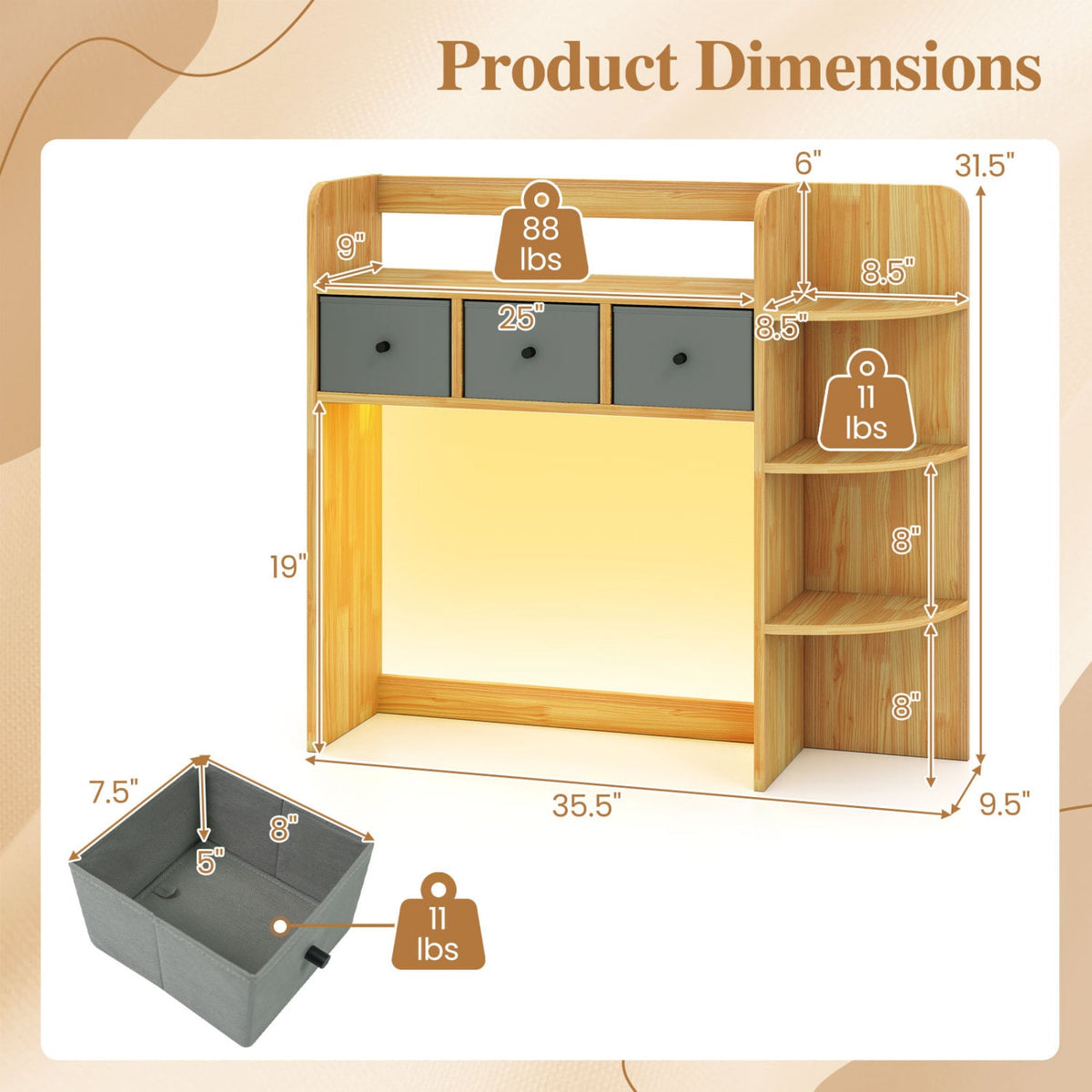 Desktop Bookshelf with LED Lights 5-Tier Shelves and 3 Drawers for Home Officce-Brown-Bookcases-DECOROLALA