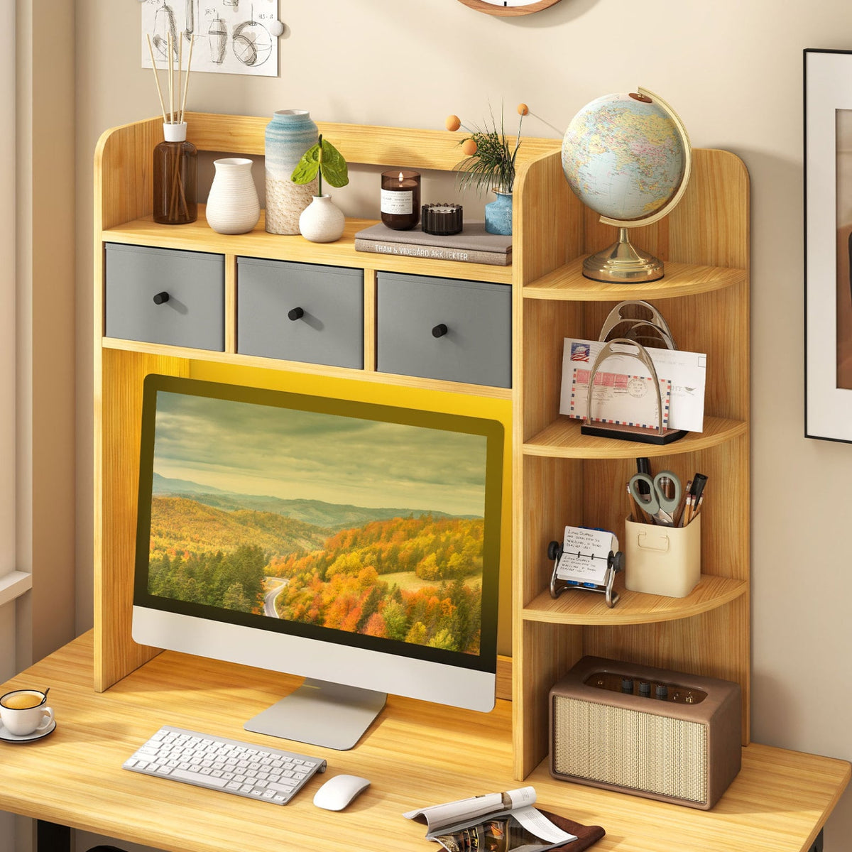 Desktop Bookshelf with LED Lights 5-Tier Shelves and 3 Drawers for Home Officce-Brown-Bookcases-DECOROLALA