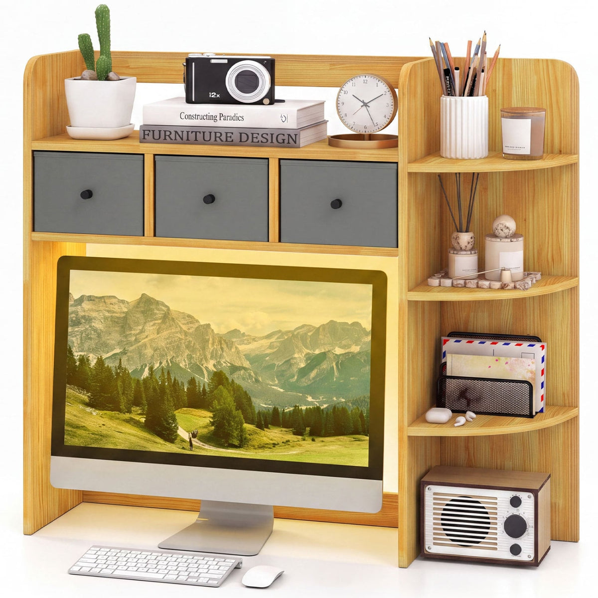 Desktop Bookshelf with LED Lights 5-Tier Shelves and 3 Drawers for Home Officce-Brown-Bookcases-DECOROLALA