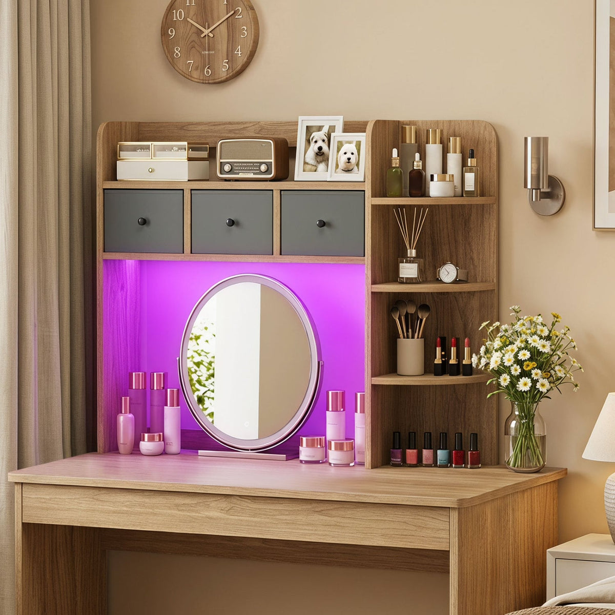 Desktop Bookshelf with LED Lights 5-Tier Shelves and 3 Drawers for Home Officce-Natural-Bookcases-DECOROLALA