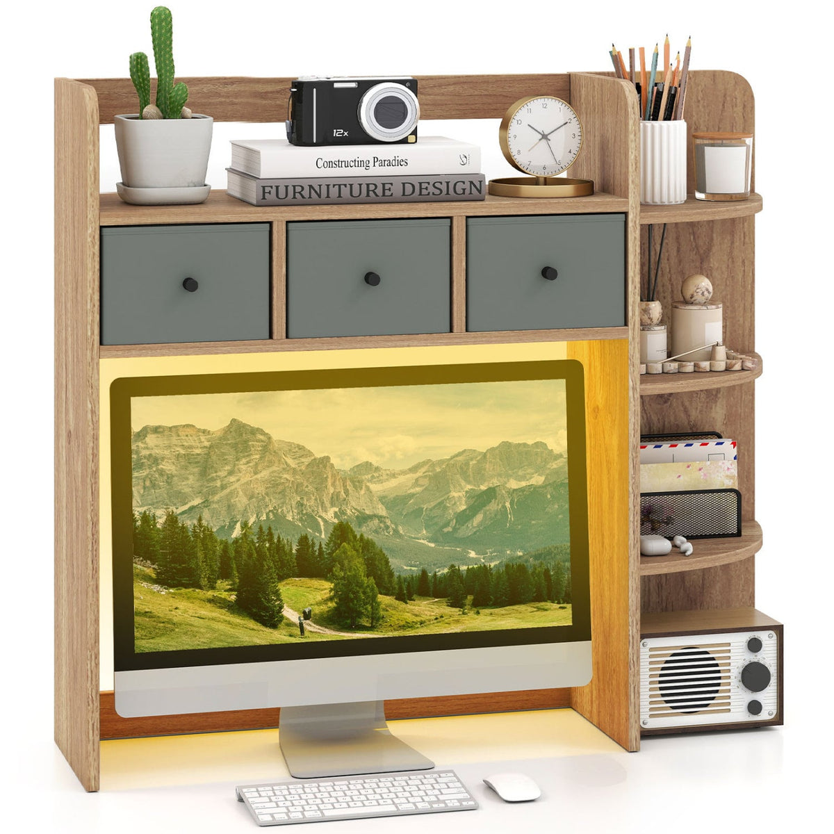 Desktop Bookshelf with LED Lights 5-Tier Shelves and 3 Drawers for Home Officce-Natural-Bookcases-DECOROLALA