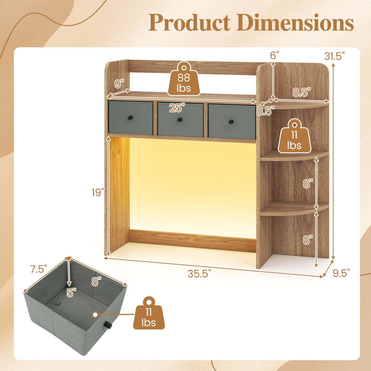 Desktop Bookshelf with LED Lights 5-Tier Shelves and 3 Drawers for Home Officce-Natural-Bookcases-DECOROLALA