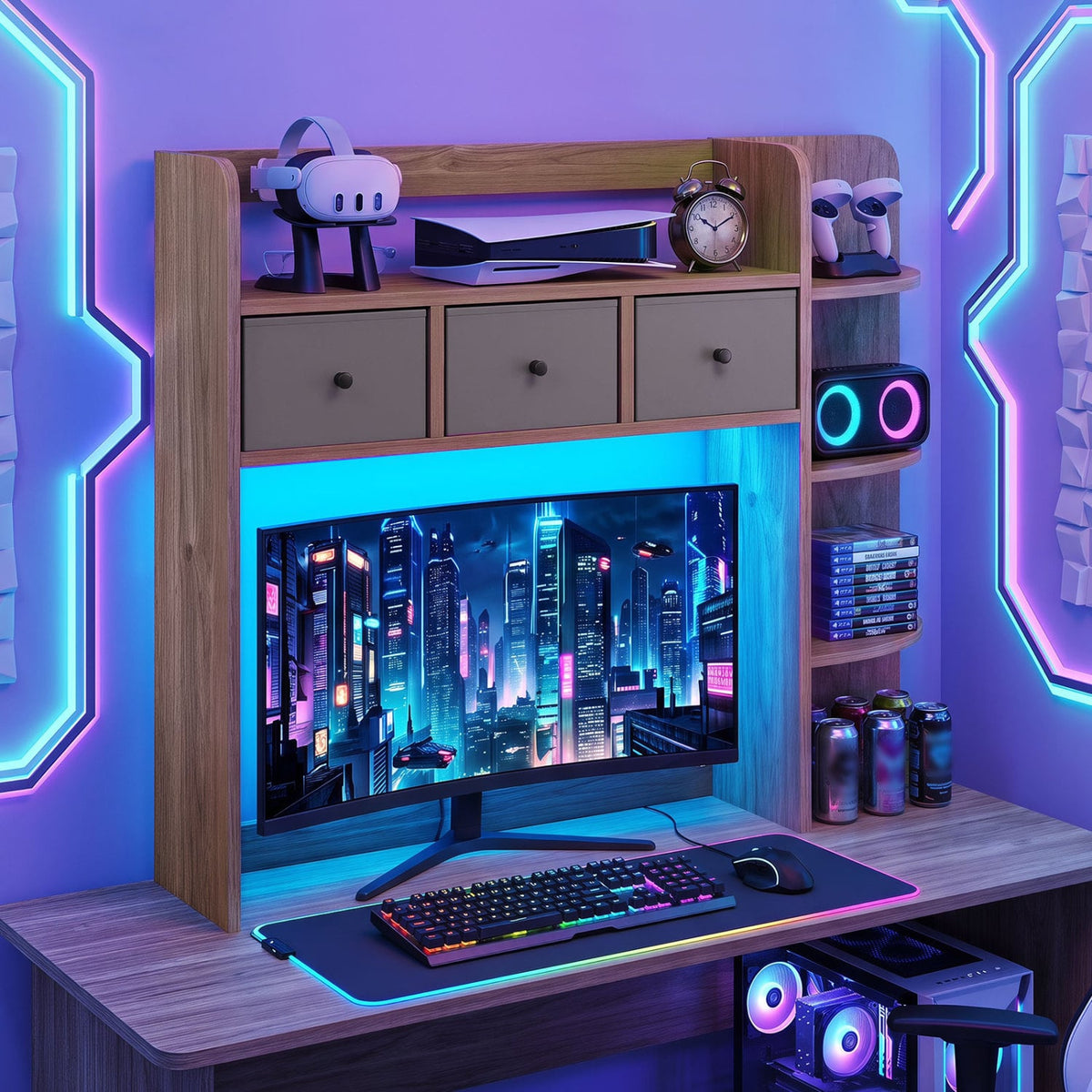 Desktop Bookshelf with LED Lights 5-Tier Shelves and 3 Drawers for Home Officce-Natural-Bookcases-DECOROLALA